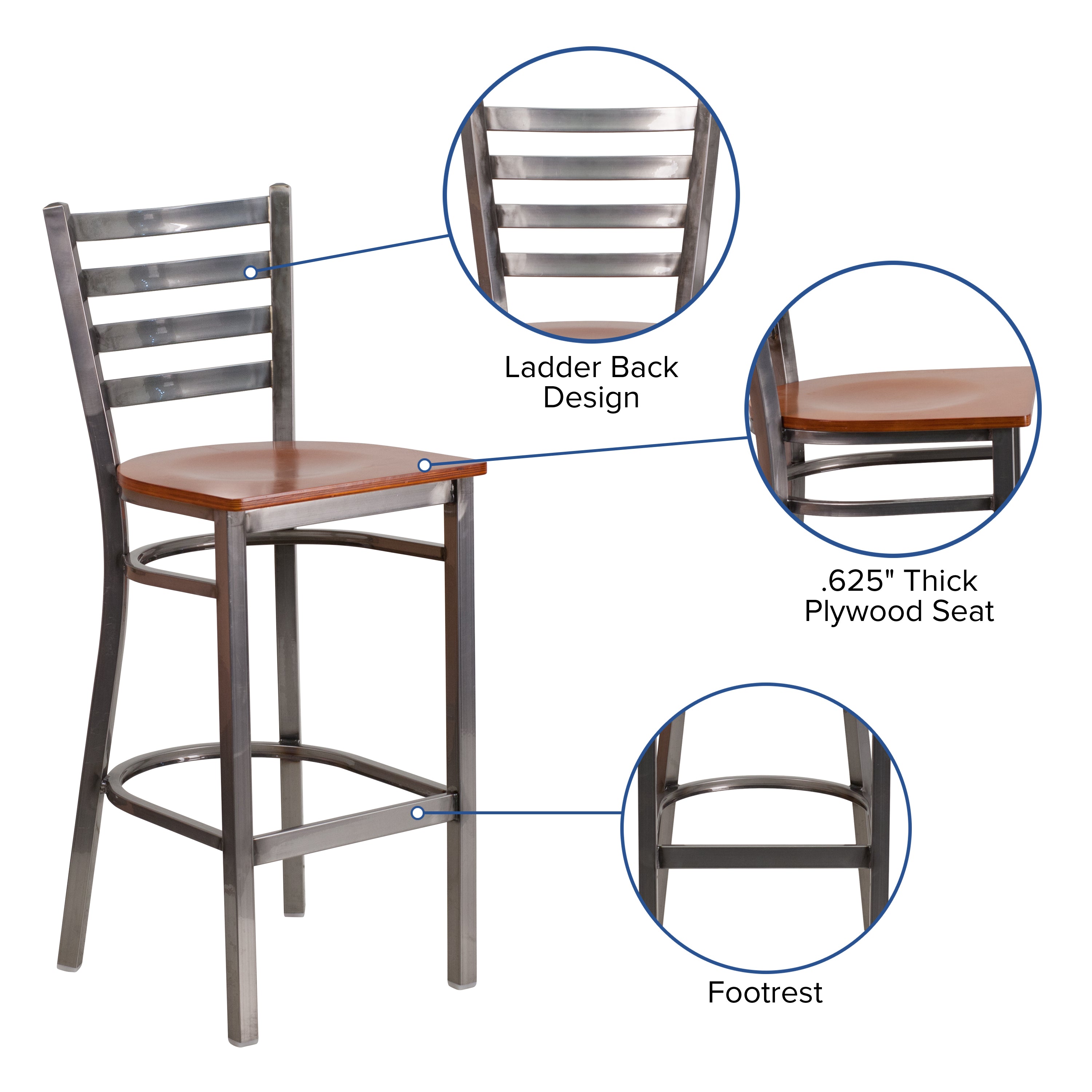 HERCULES Series Silver Antique Finish with Clear Coat Ladder Back Metal Restaurant Barstool - Cherry Wood Seat