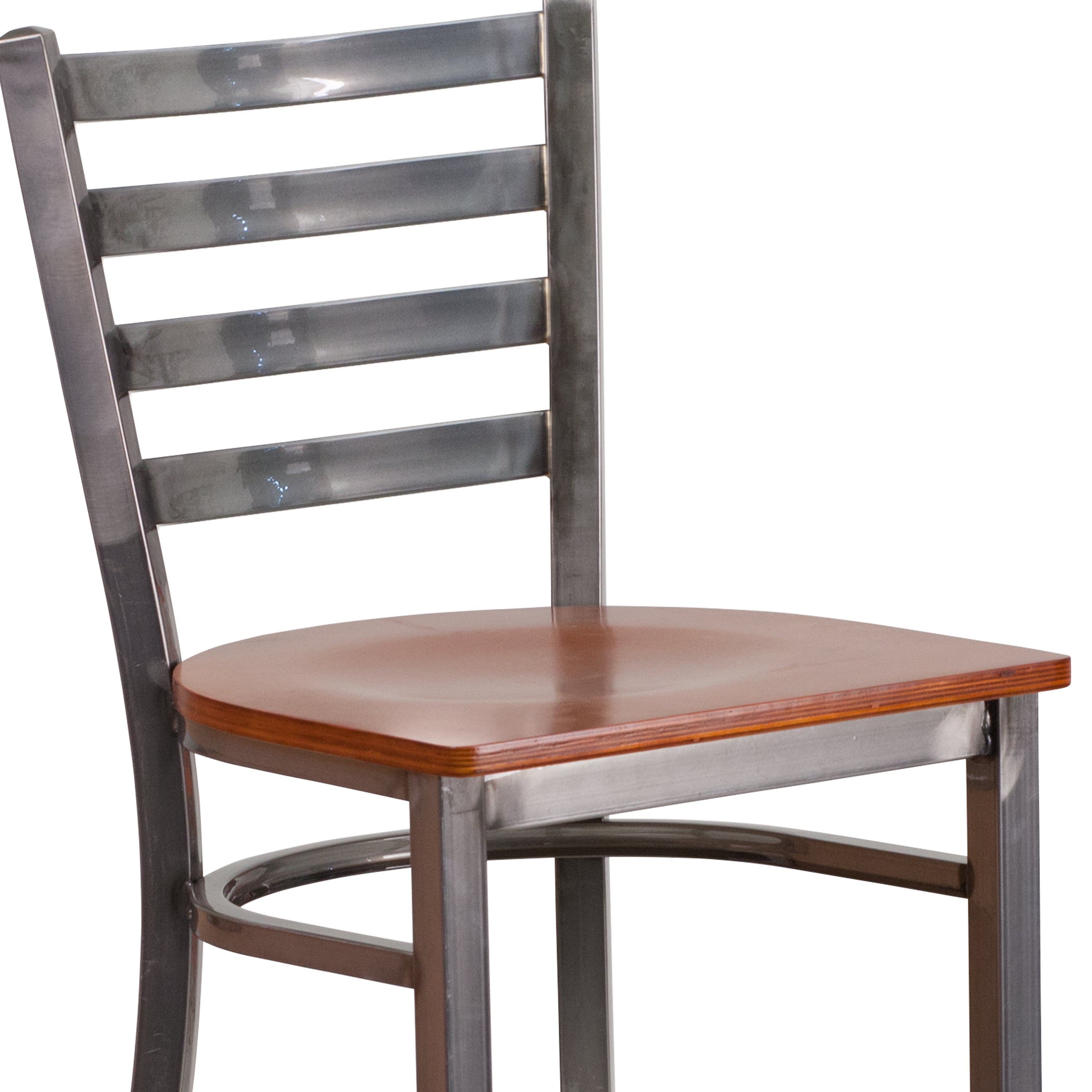 HERCULES Series Silver Antique Finish with Clear Coat Ladder Back Metal Restaurant Barstool - Cherry Wood Seat