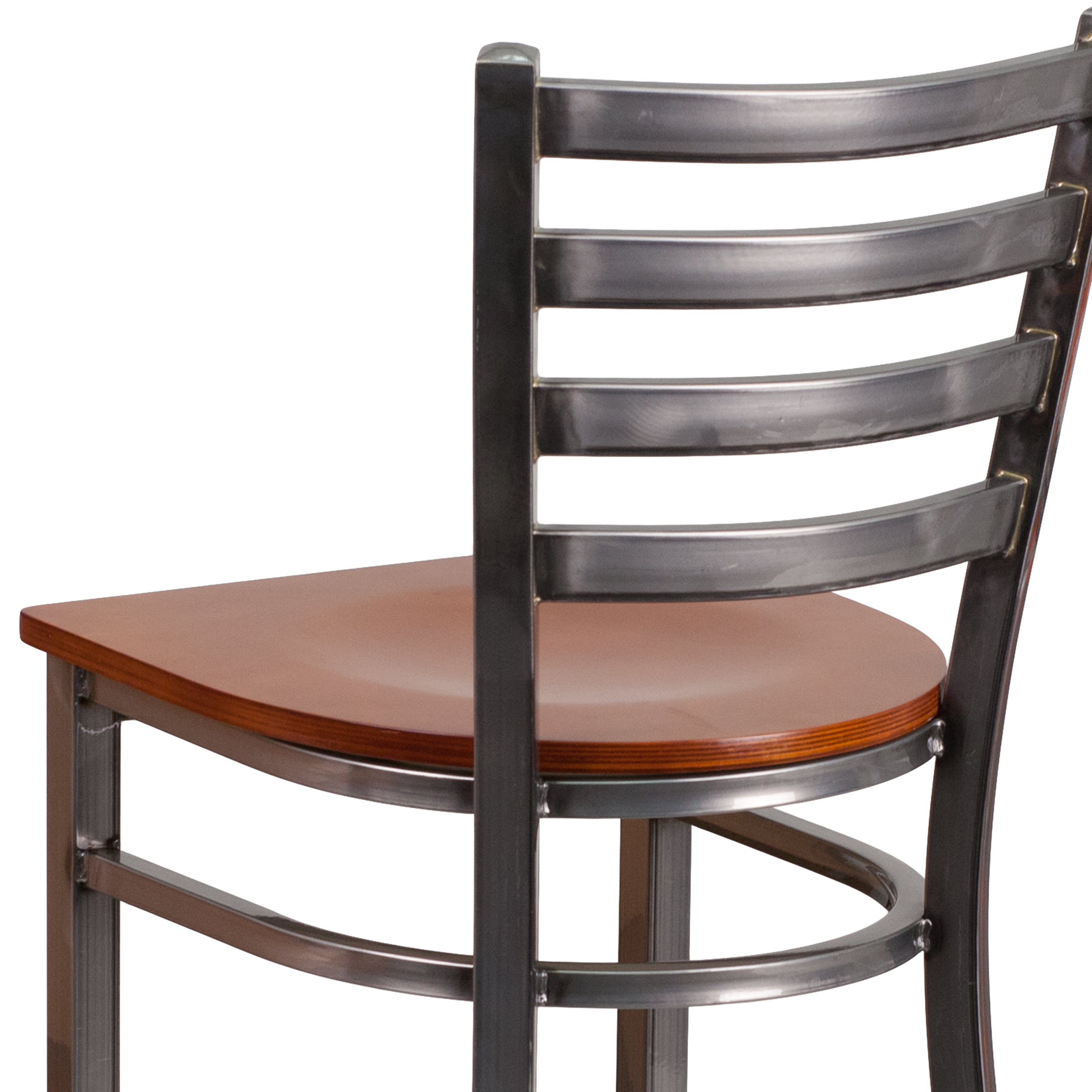 HERCULES Series Silver Antique Finish with Clear Coat Ladder Back Metal Restaurant Barstool - Cherry Wood Seat