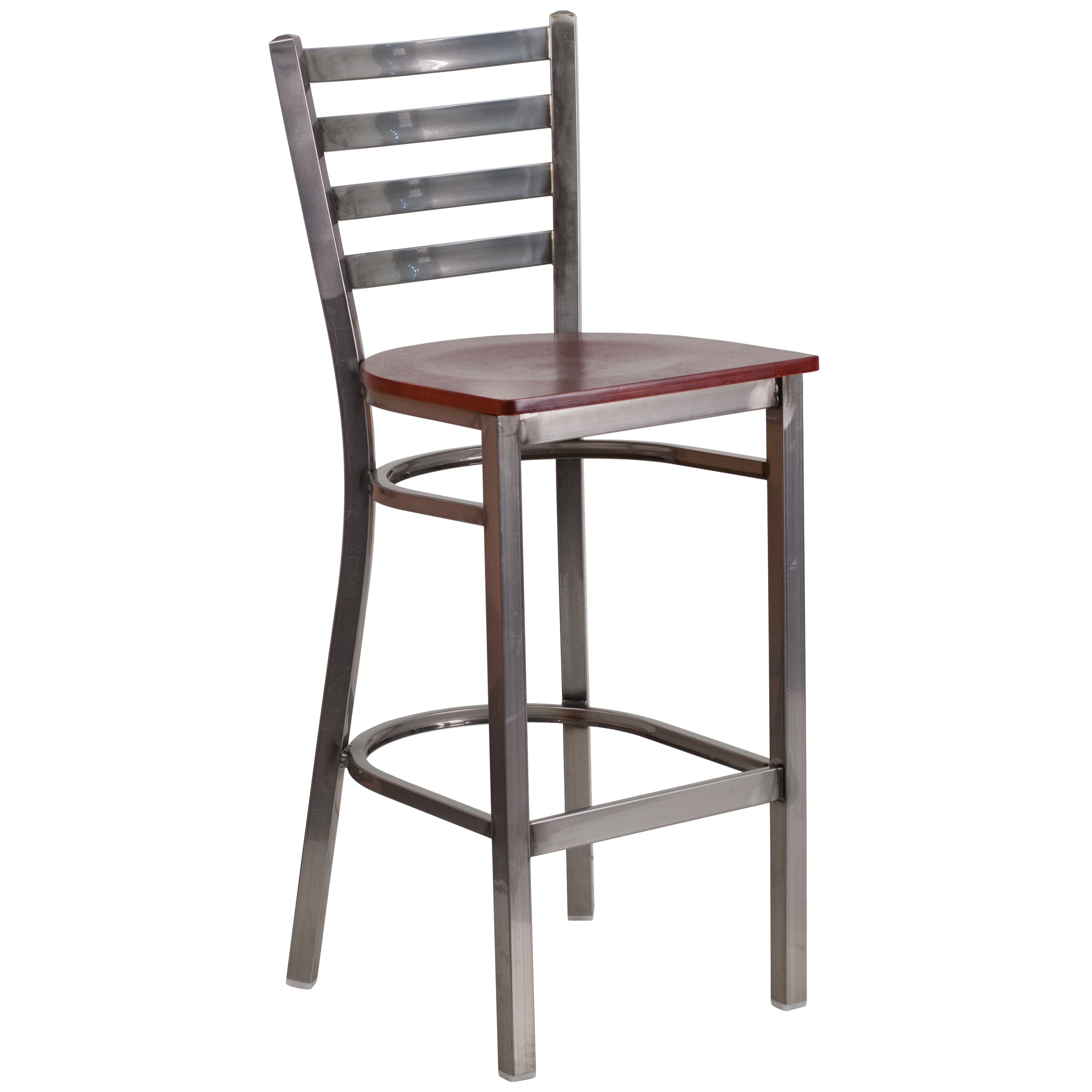 HERCULES Series Silver Antique Finish with Clear Coat Ladder Back Metal Restaurant Barstool - Mahogany Wood Seat