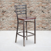 HERCULES Series Silver Antique Finish with Clear Coat Ladder Back Metal Restaurant Barstool - Mahogany Wood Seat
