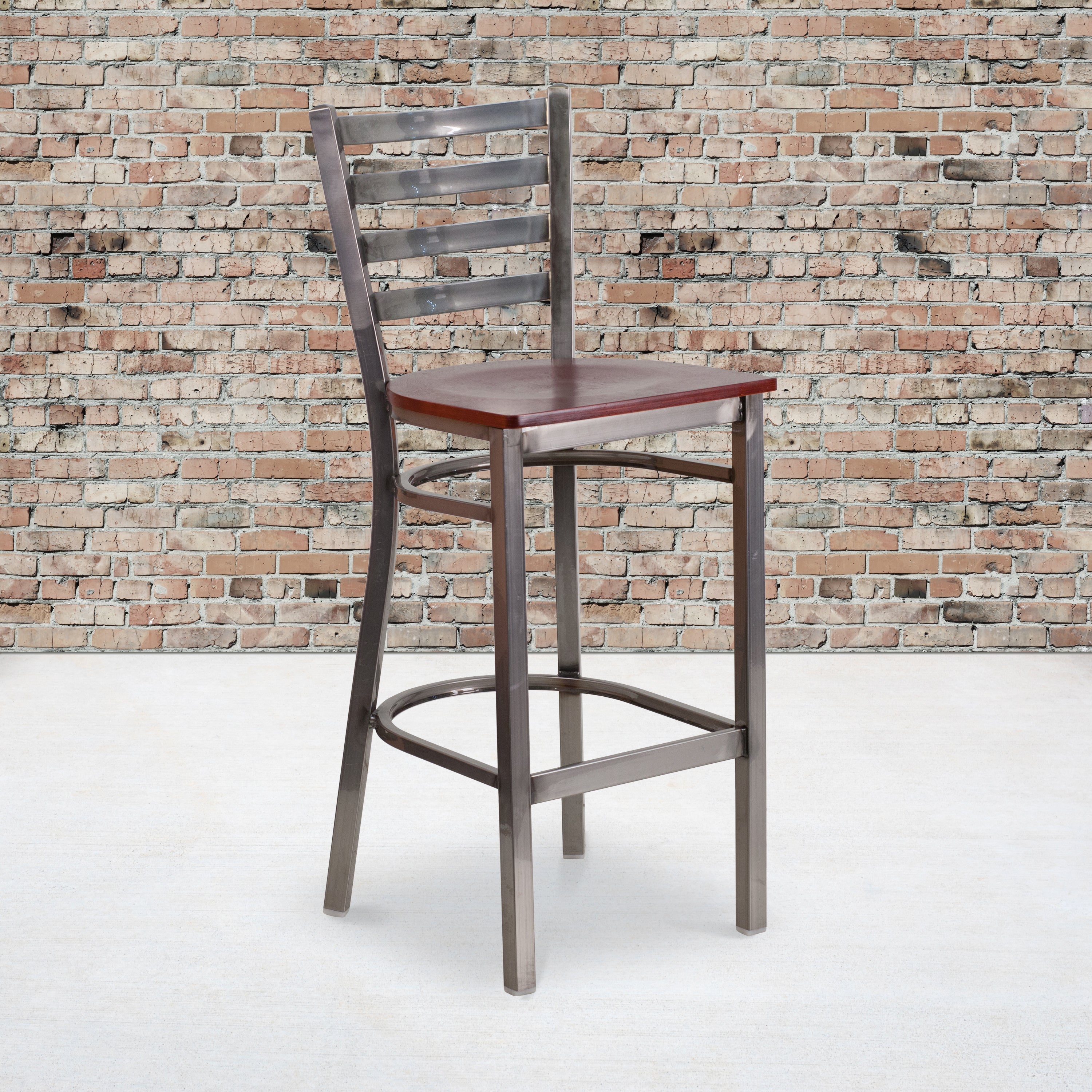 HERCULES Series Silver Antique Finish with Clear Coat Ladder Back Metal Restaurant Barstool - Mahogany Wood Seat