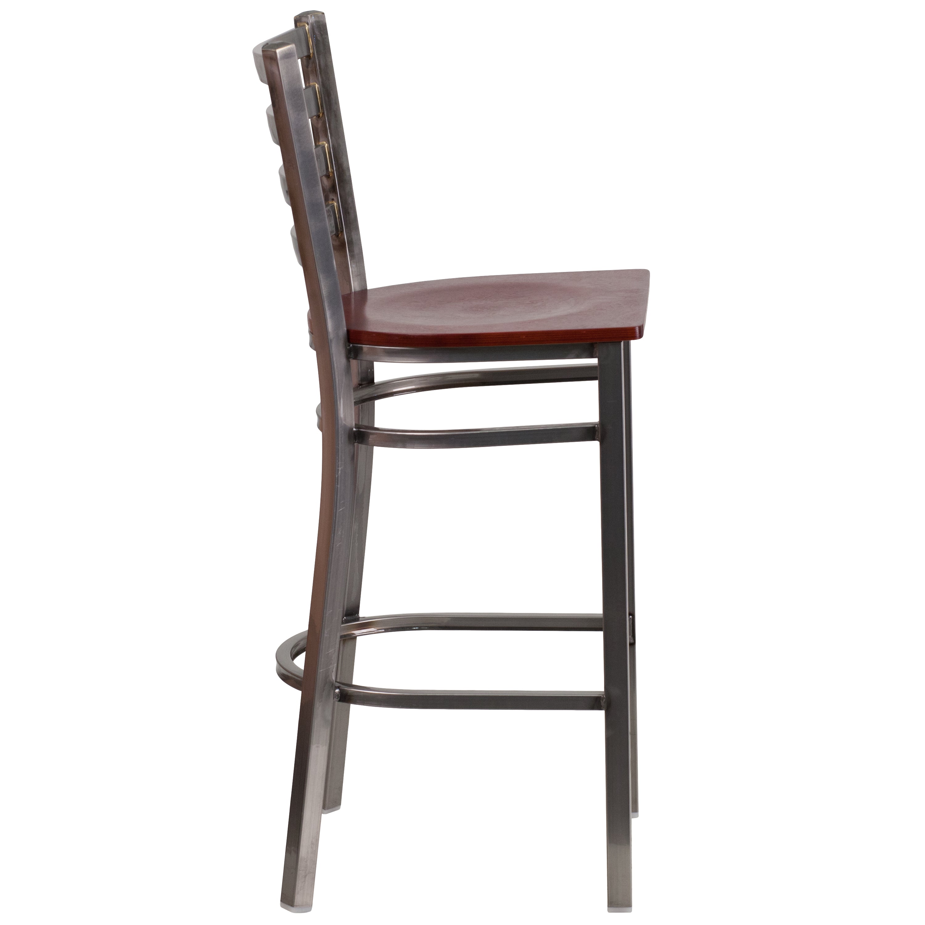HERCULES Series Silver Antique Finish with Clear Coat Ladder Back Metal Restaurant Barstool - Mahogany Wood Seat