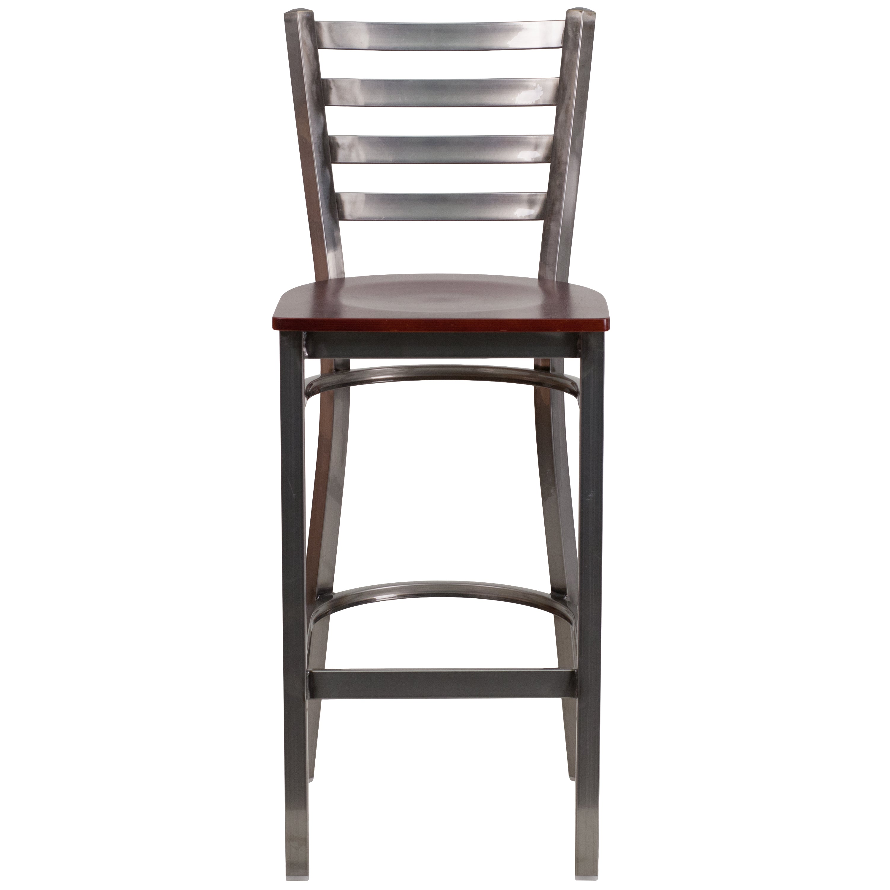 HERCULES Series Silver Antique Finish with Clear Coat Ladder Back Metal Restaurant Barstool - Mahogany Wood Seat