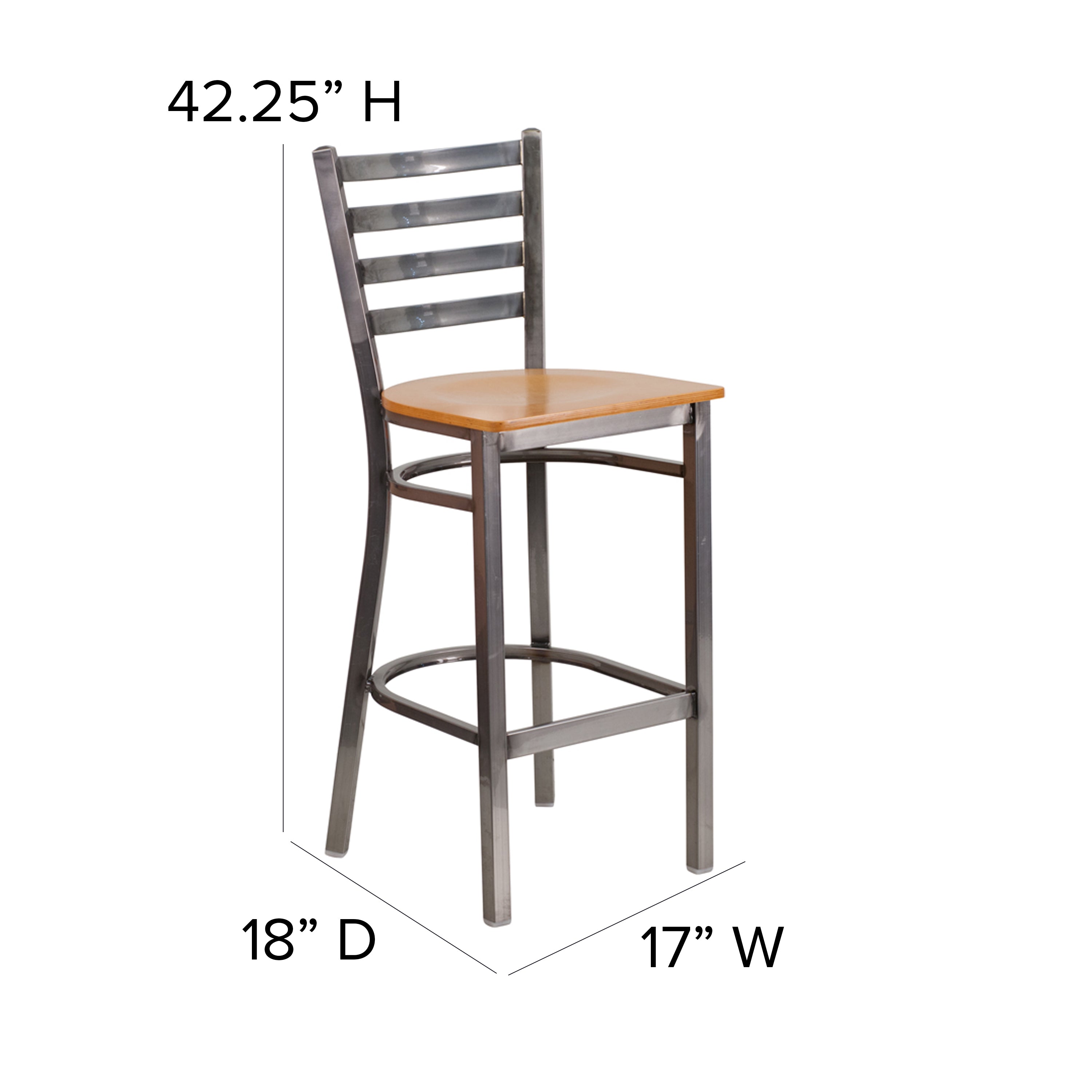 HERCULES Series Silver Antique Finish with Clear Coat Ladder Back Metal Restaurant Barstool - Natural Wood Seat