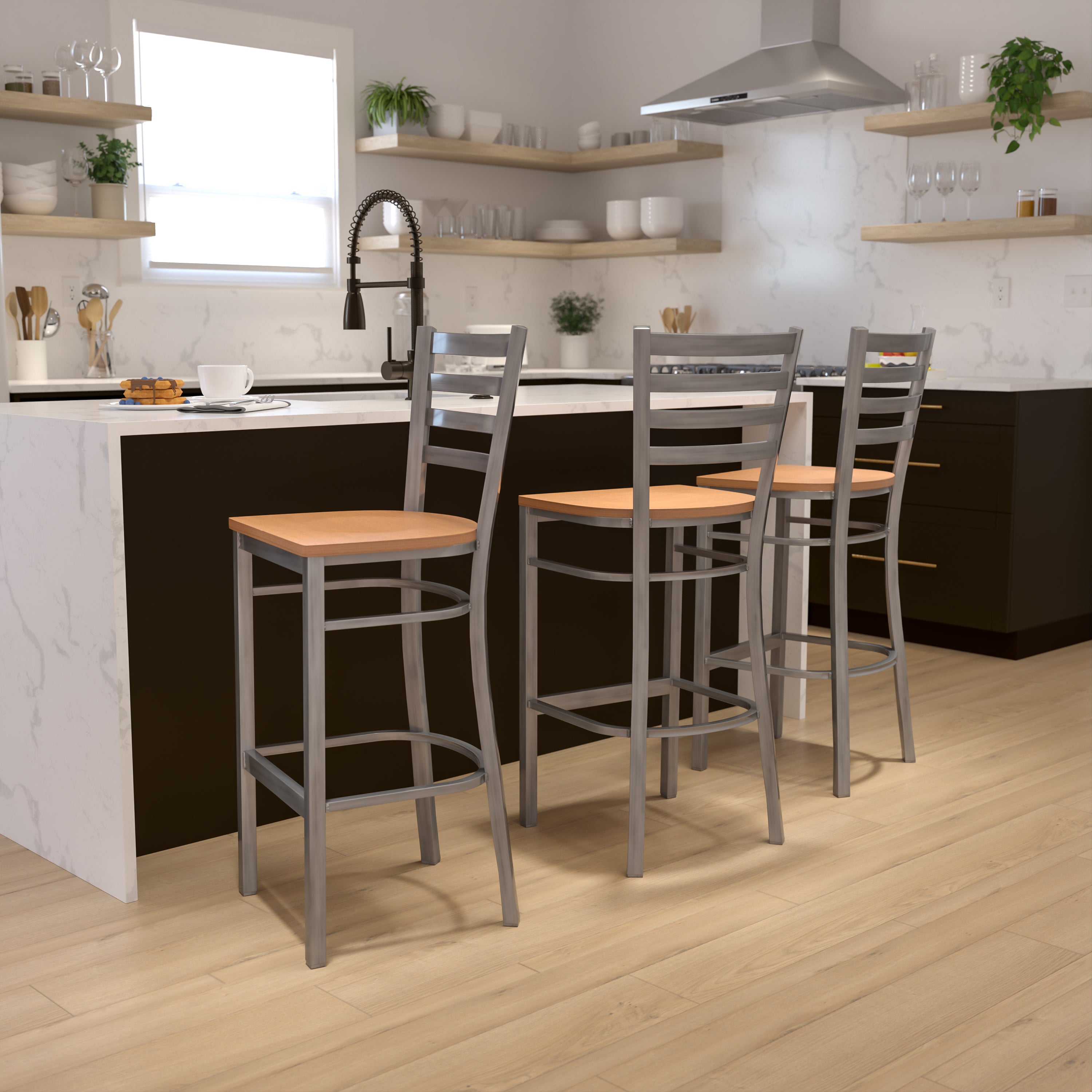HERCULES Series Silver Antique Finish with Clear Coat Ladder Back Metal Restaurant Barstool - Natural Wood Seat