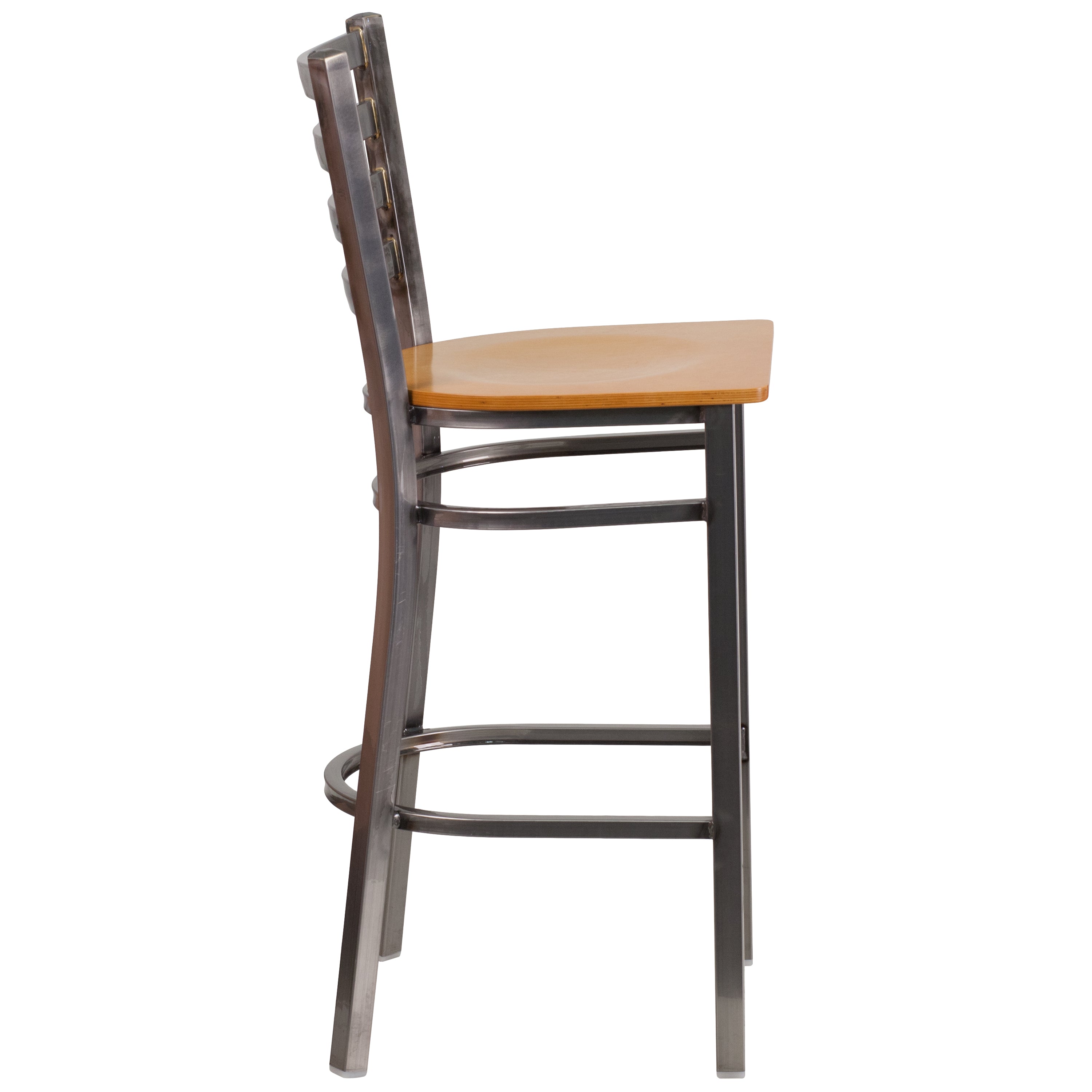 HERCULES Series Silver Antique Finish with Clear Coat Ladder Back Metal Restaurant Barstool - Natural Wood Seat