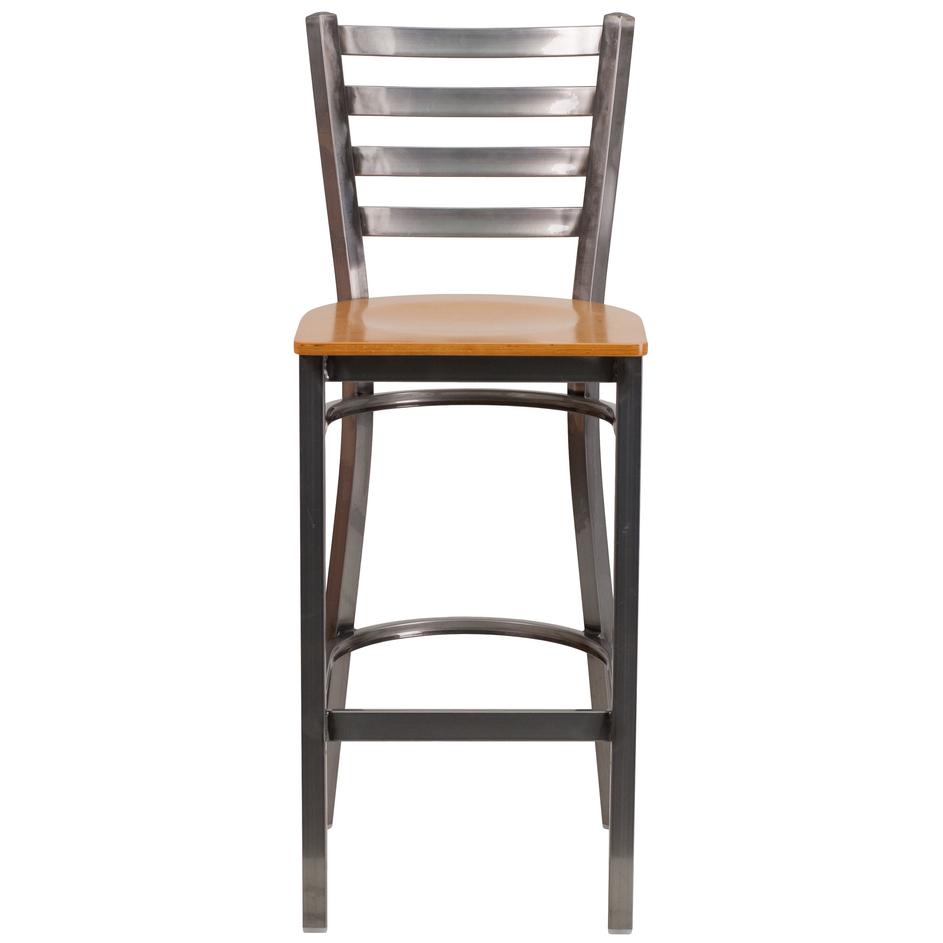 HERCULES Series Silver Antique Finish with Clear Coat Ladder Back Metal Restaurant Barstool - Natural Wood Seat