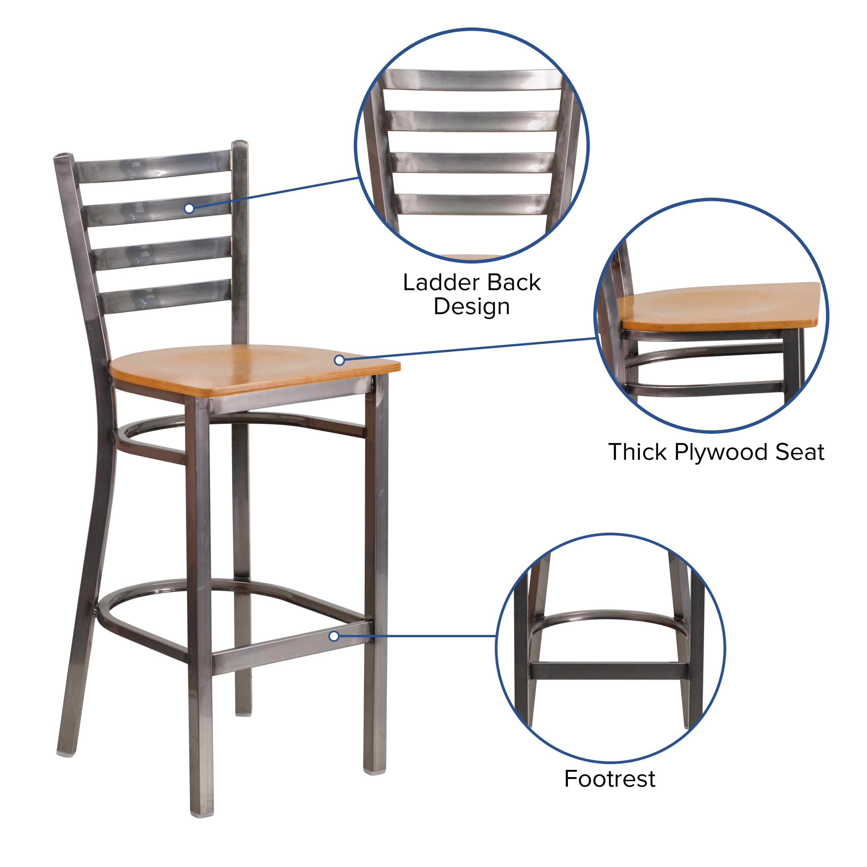 HERCULES Series Silver Antique Finish with Clear Coat Ladder Back Metal Restaurant Barstool - Natural Wood Seat