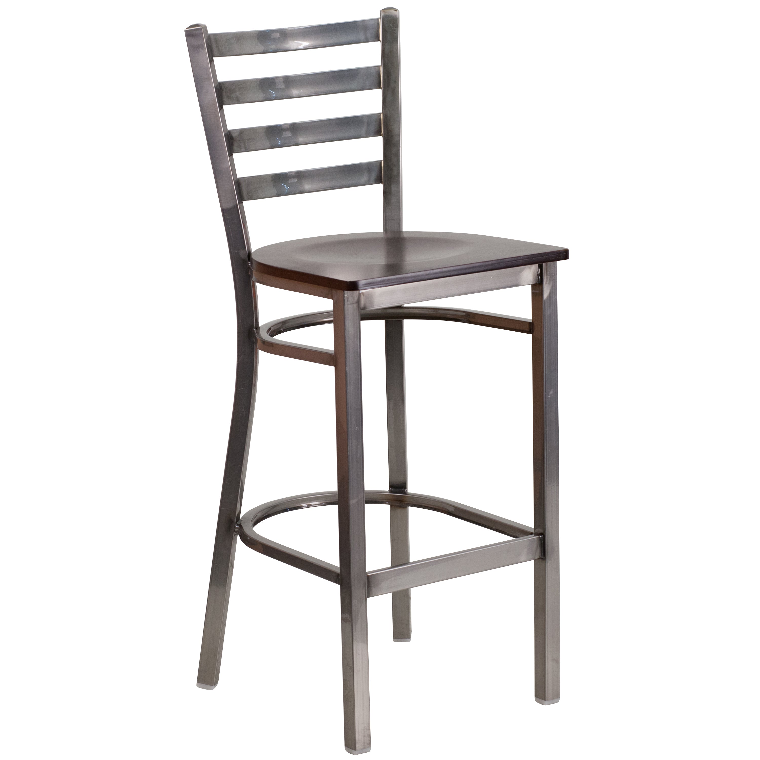 HERCULES Series Silver Antique Finish with Clear Coat Ladder Back Metal Restaurant Barstool - Walnut Wood Seat