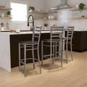 HERCULES Series Silver Antique Finish with Clear Coat Ladder Back Metal Restaurant Barstool - Walnut Wood Seat