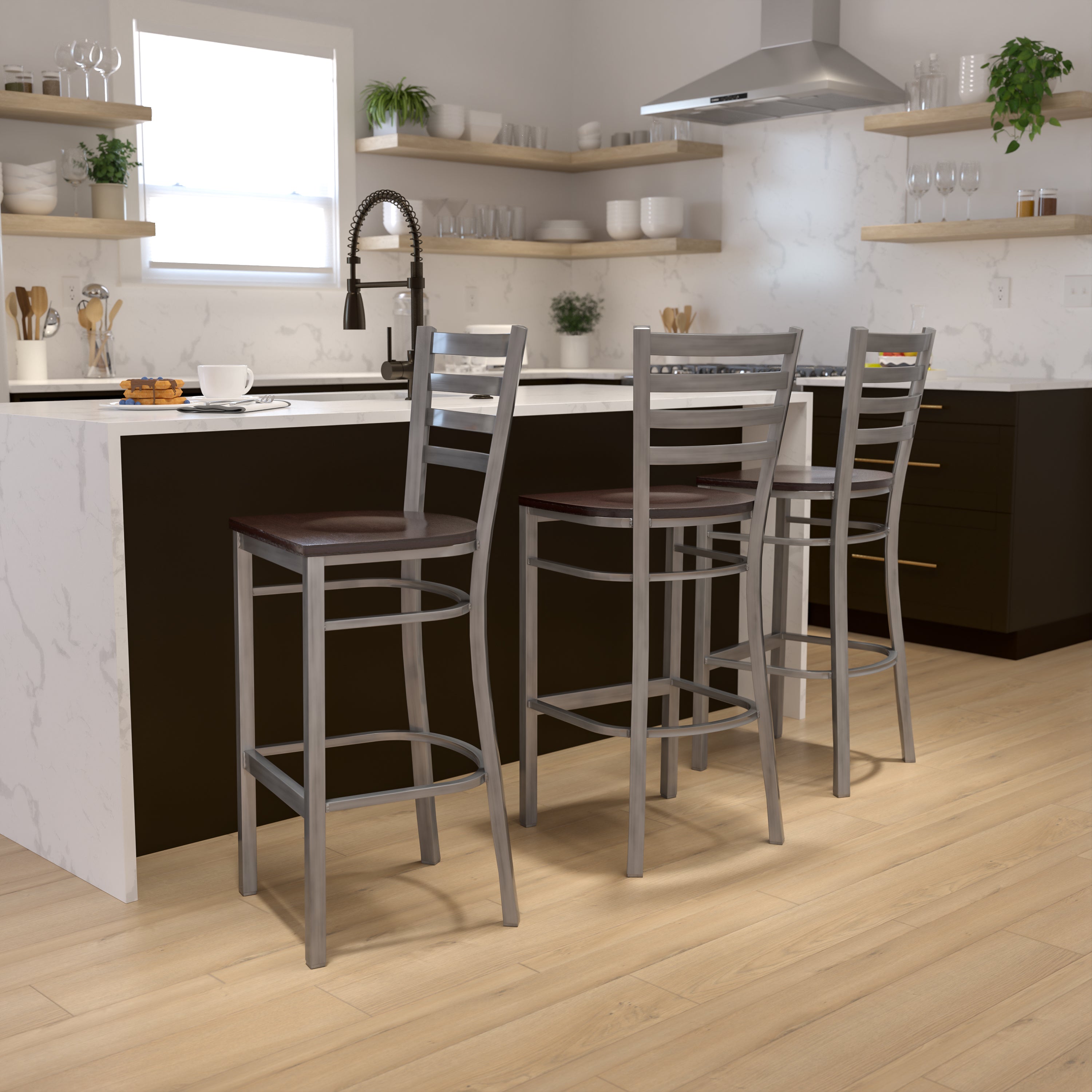 HERCULES Series Silver Antique Finish with Clear Coat Ladder Back Metal Restaurant Barstool - Walnut Wood Seat
