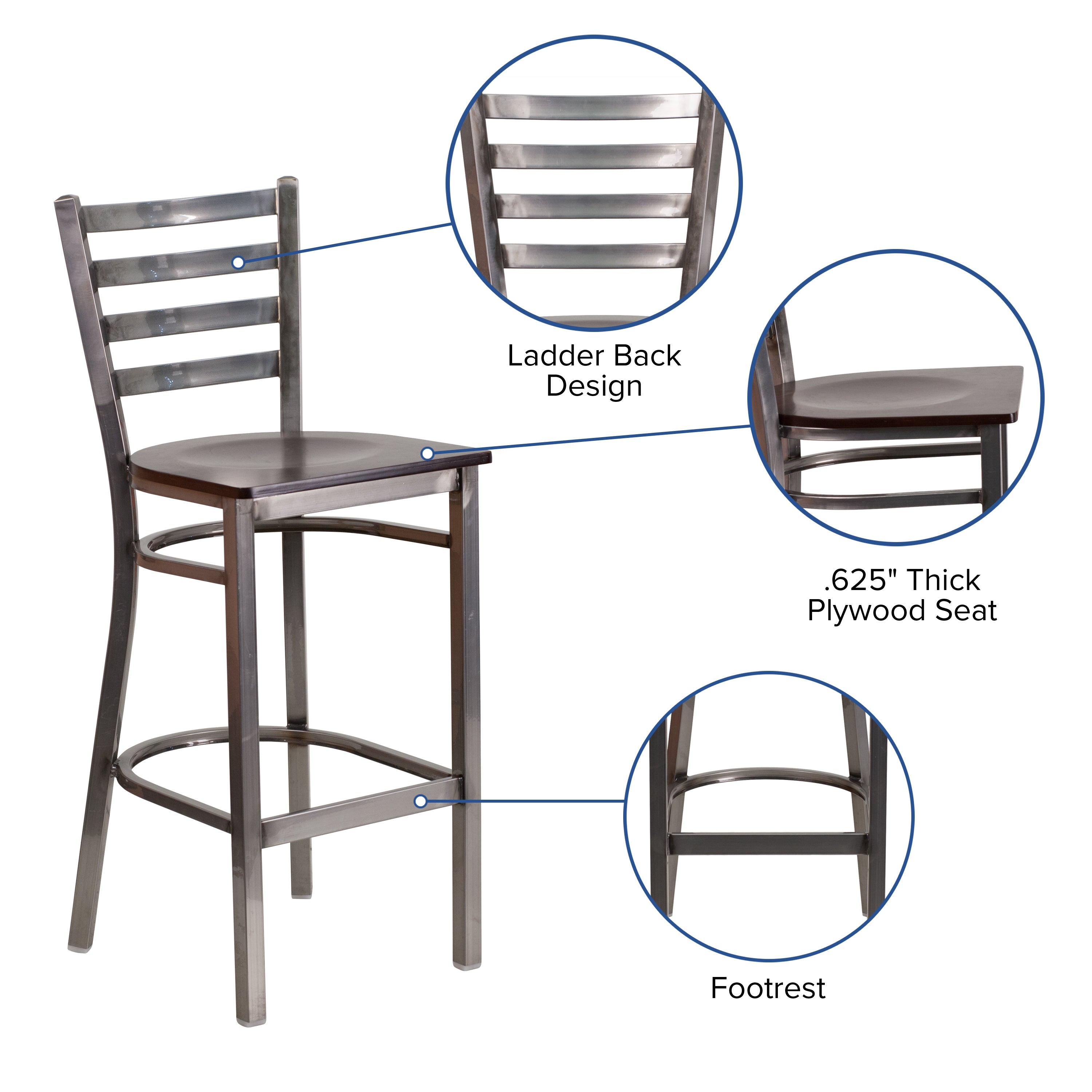HERCULES Series Silver Antique Finish with Clear Coat Ladder Back Metal Restaurant Barstool - Walnut Wood Seat