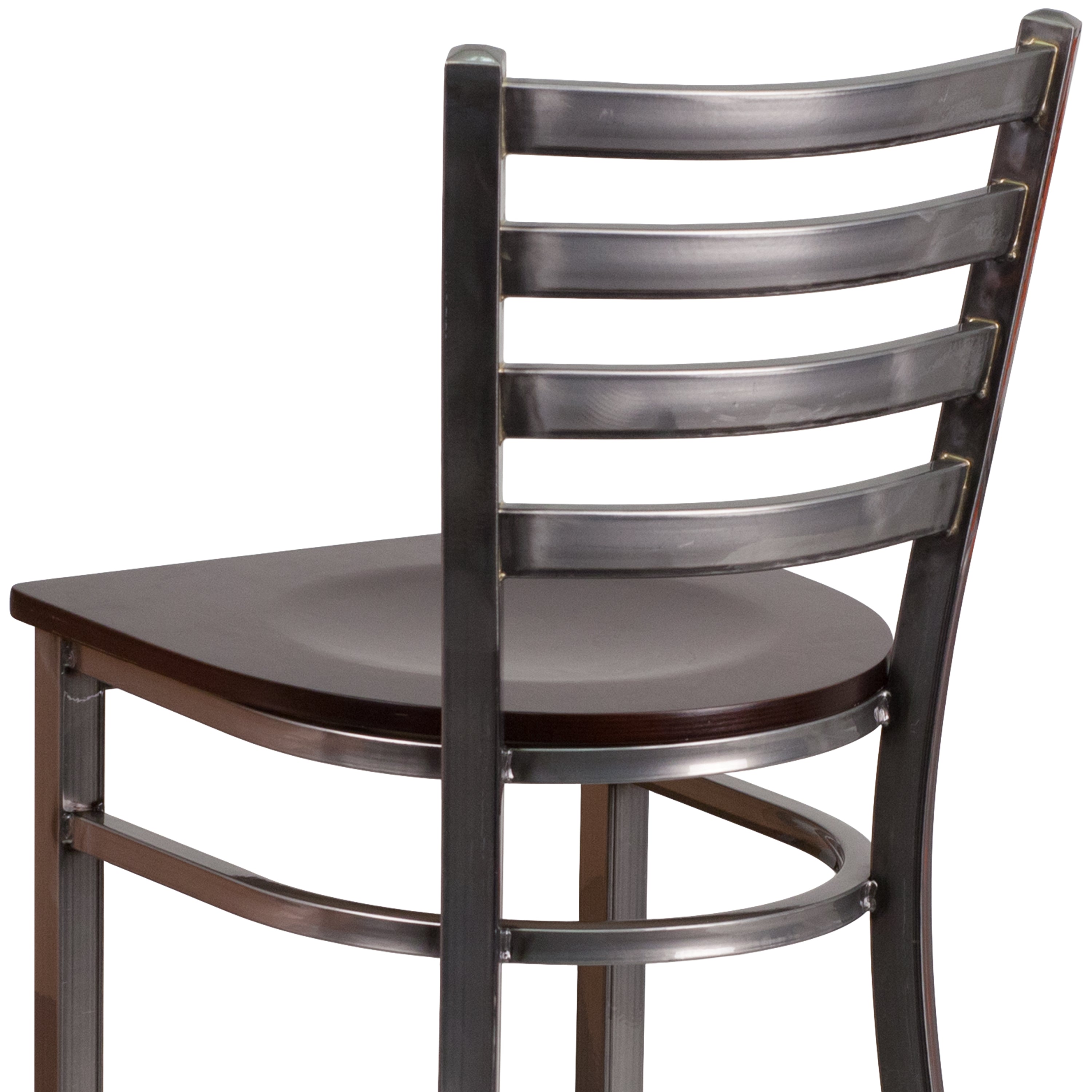HERCULES Series Silver Antique Finish with Clear Coat Ladder Back Metal Restaurant Barstool - Walnut Wood Seat
