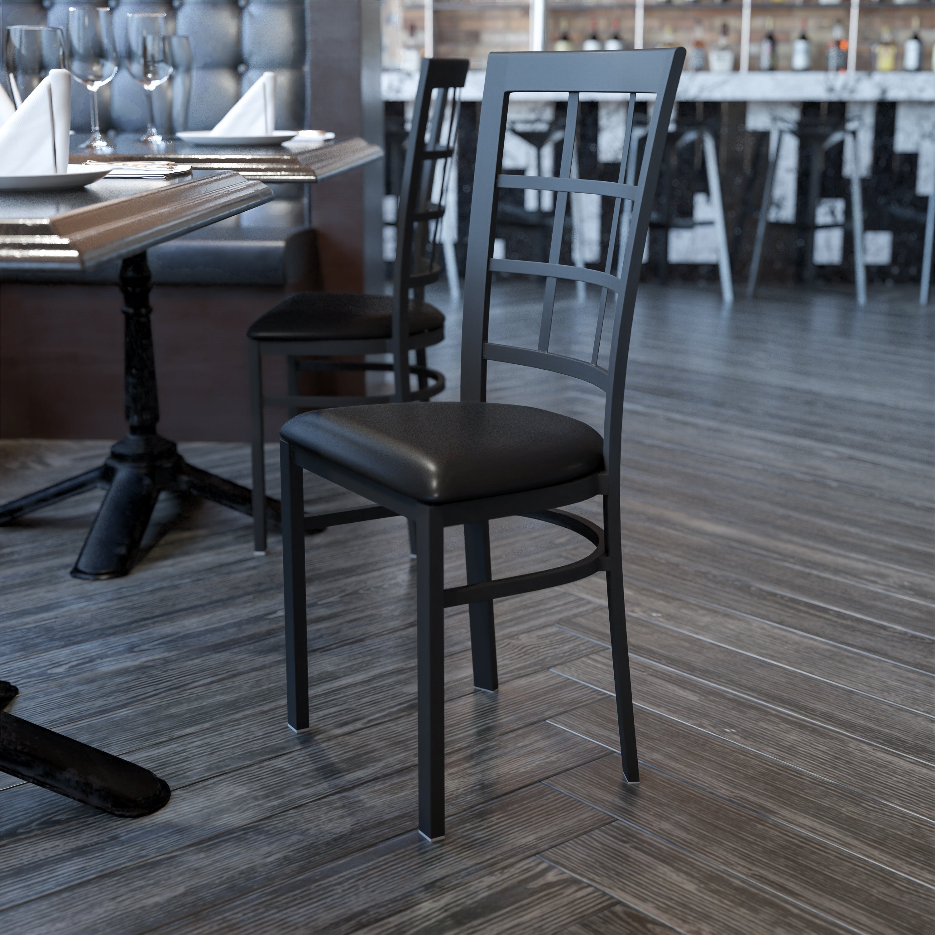 HERCULES Series Black Window Back Metal Restaurant Chair - Black Vinyl Seat