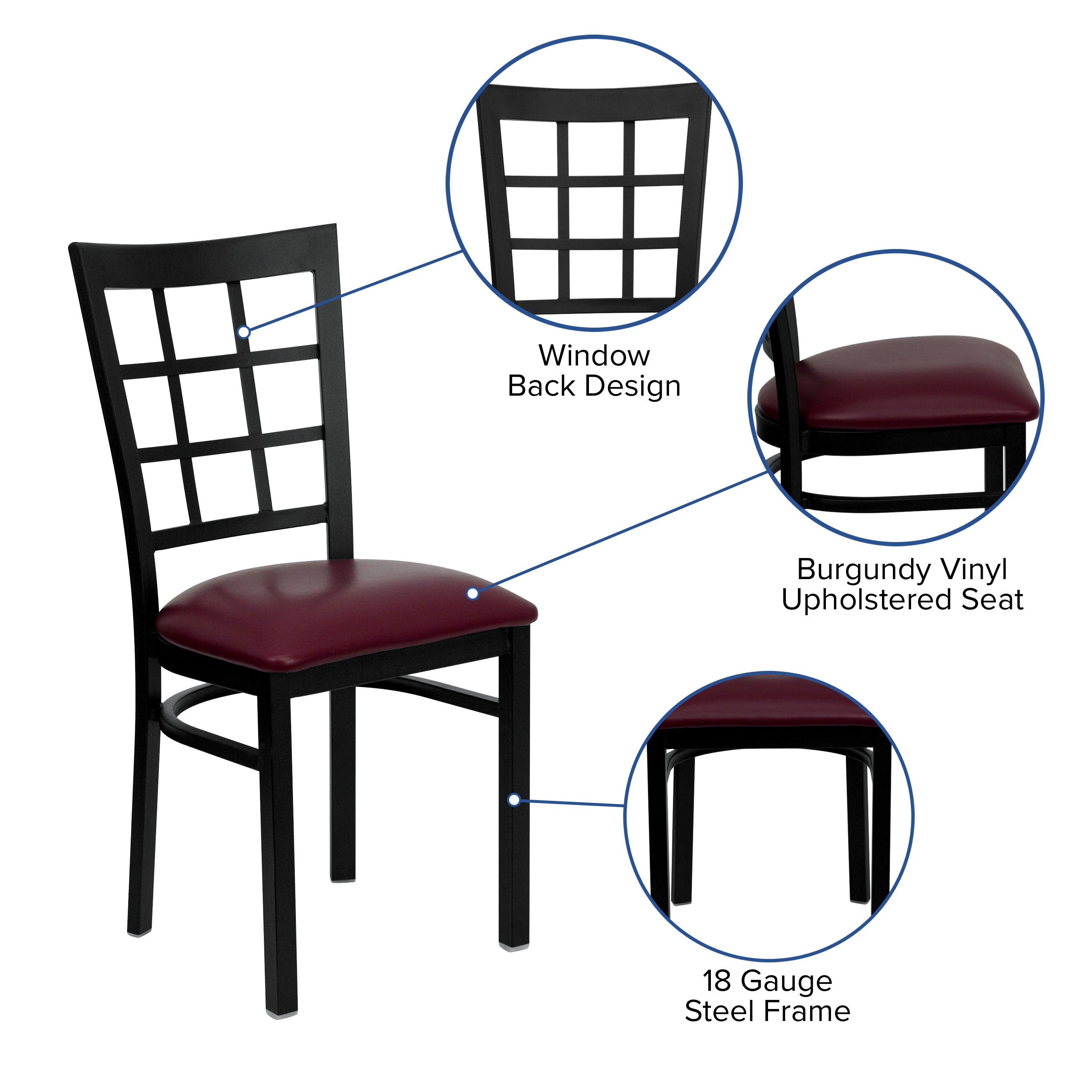 HERCULES Series Black Window Back Metal Restaurant Chair - Burgundy Vinyl Seat