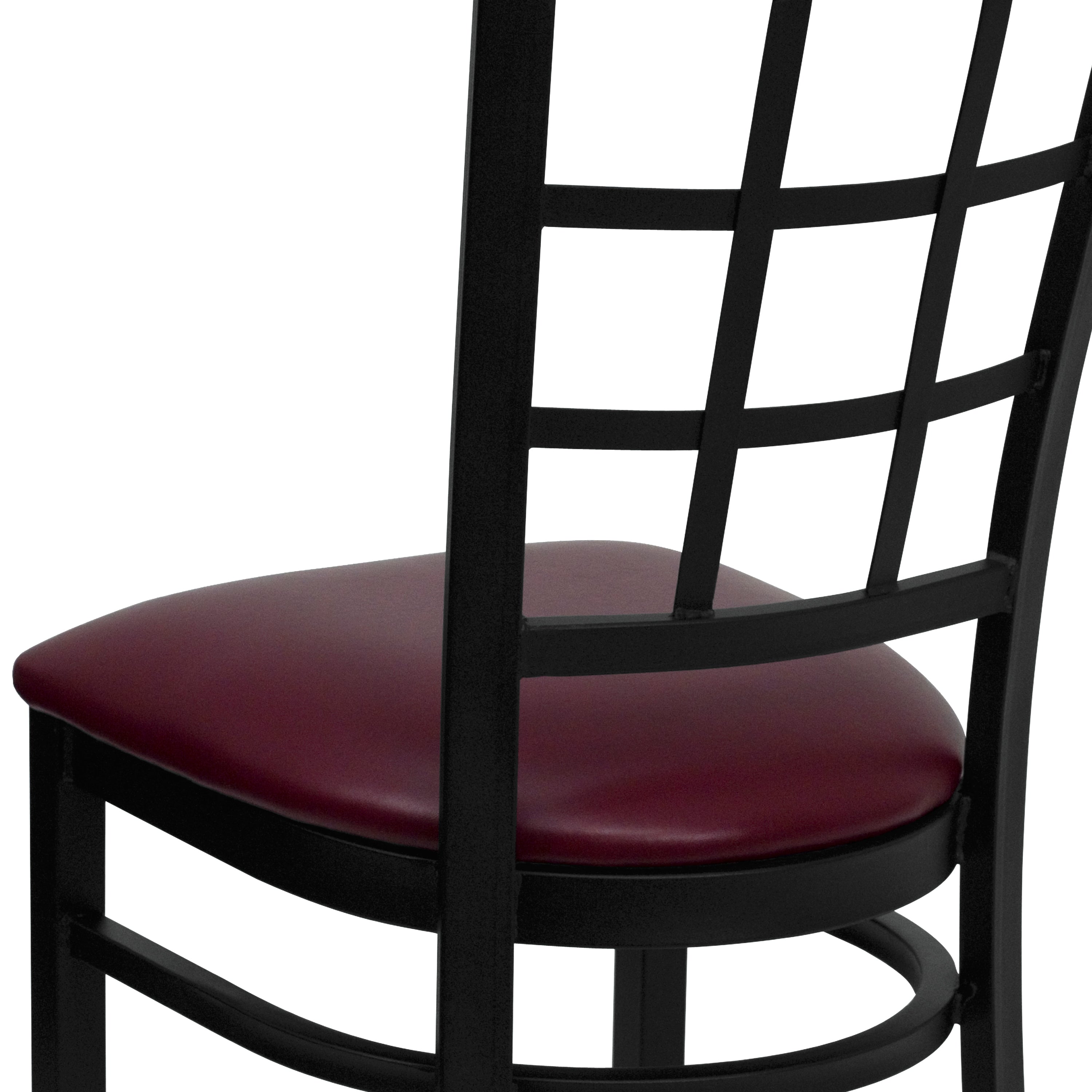 HERCULES Series Black Window Back Metal Restaurant Chair - Burgundy Vinyl Seat
