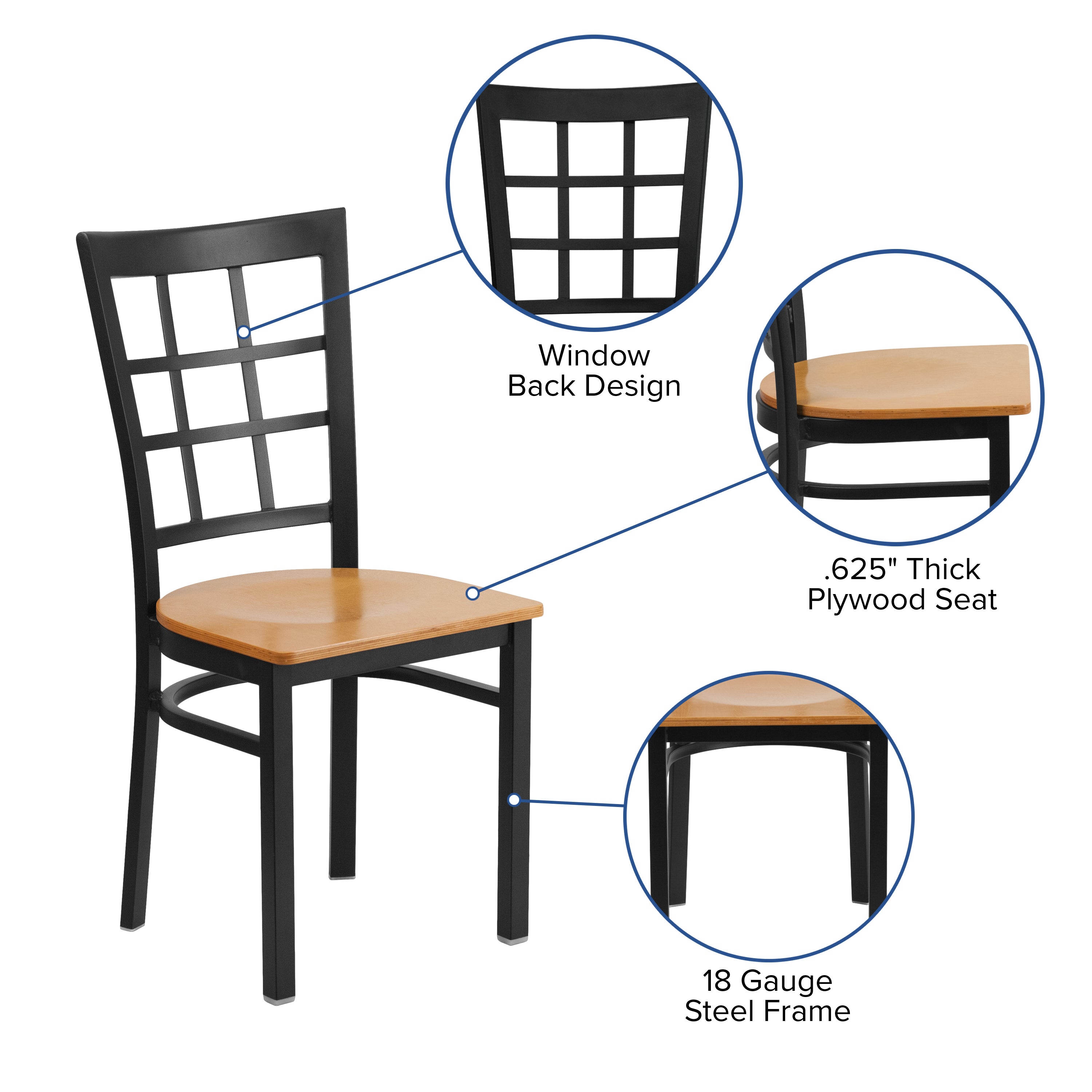 HERCULES Series Black Window Back Metal Restaurant Chair - Natural Wood Seat