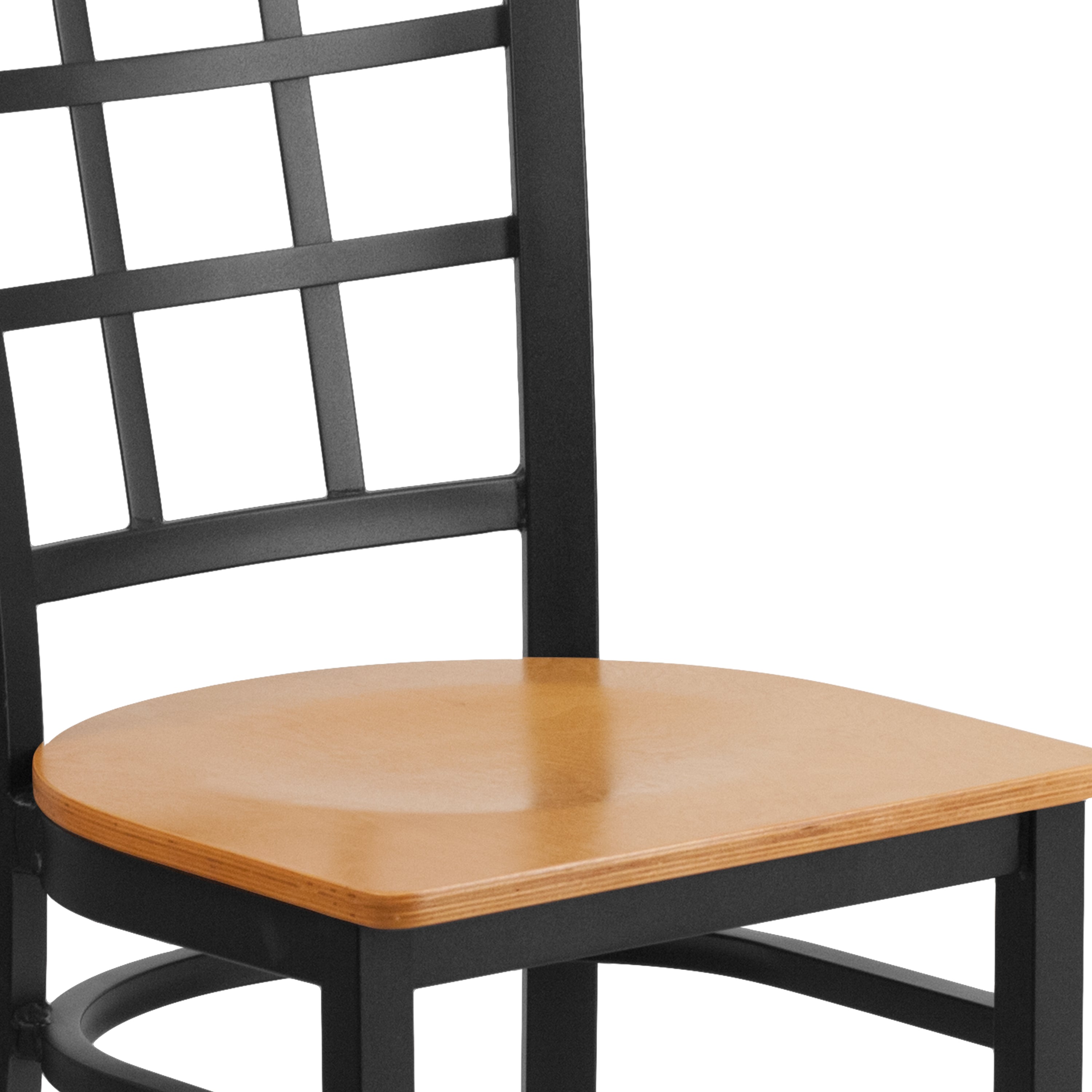 HERCULES Series Black Window Back Metal Restaurant Chair - Natural Wood Seat