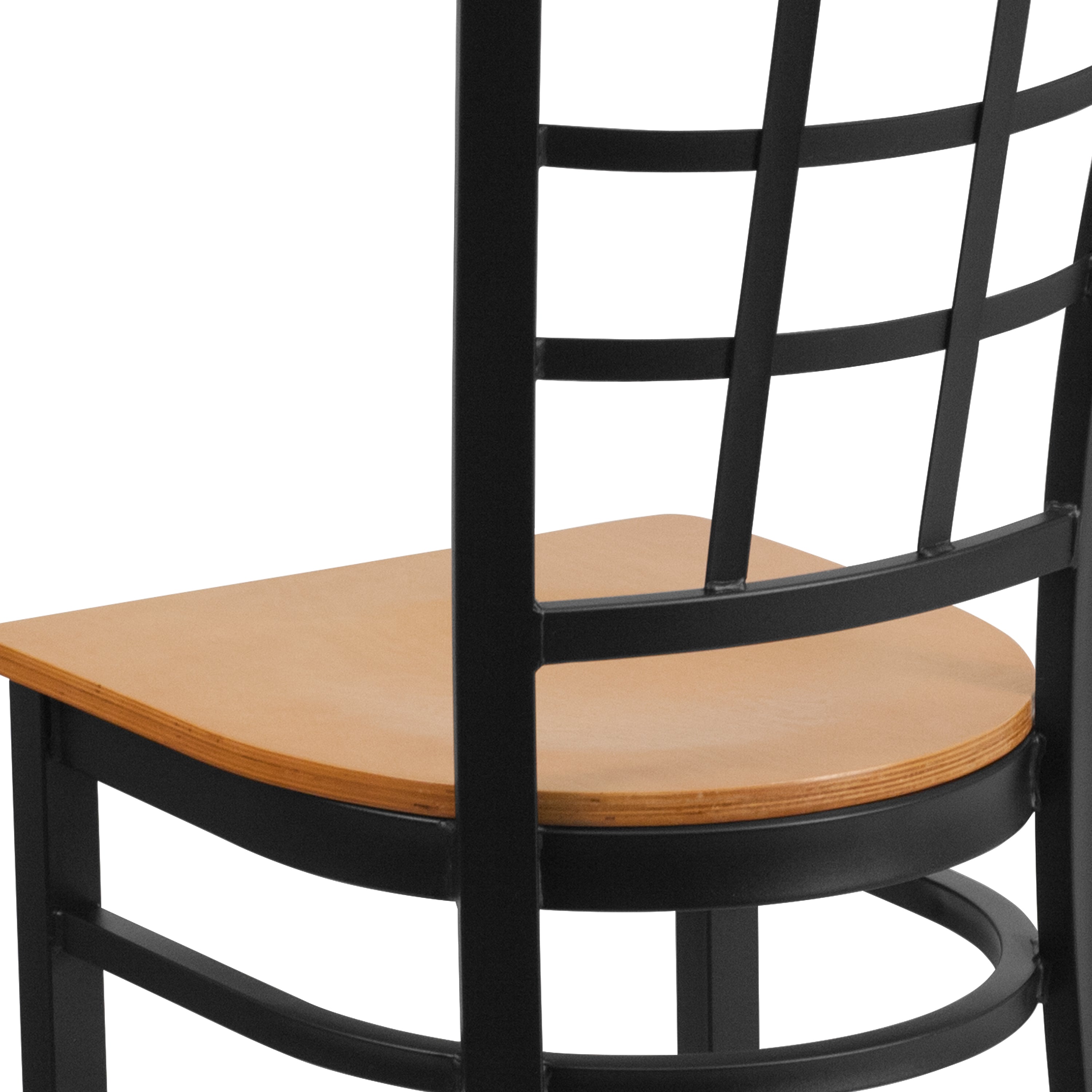 HERCULES Series Black Window Back Metal Restaurant Chair - Natural Wood Seat
