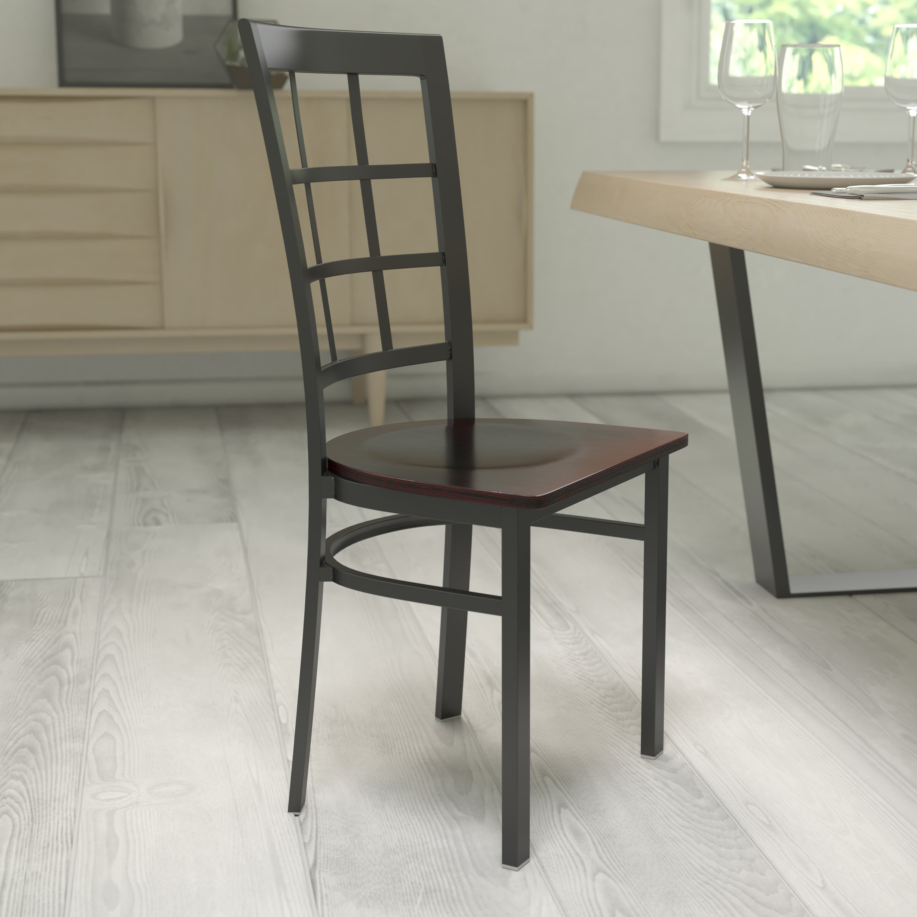 HERCULES Series Black Window Back Metal Restaurant Chair - Walnut Wood Seat