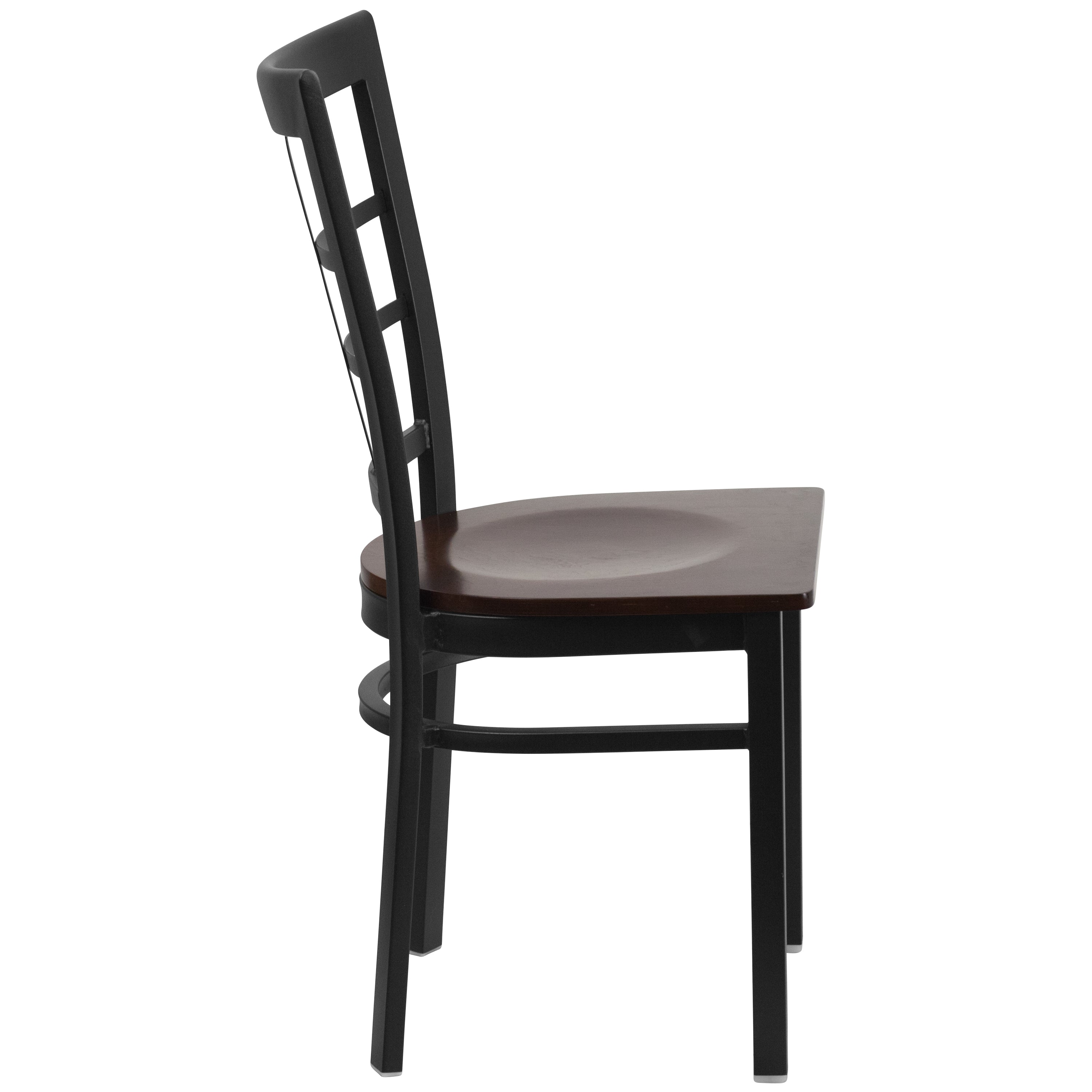 HERCULES Series Black Window Back Metal Restaurant Chair - Walnut Wood Seat