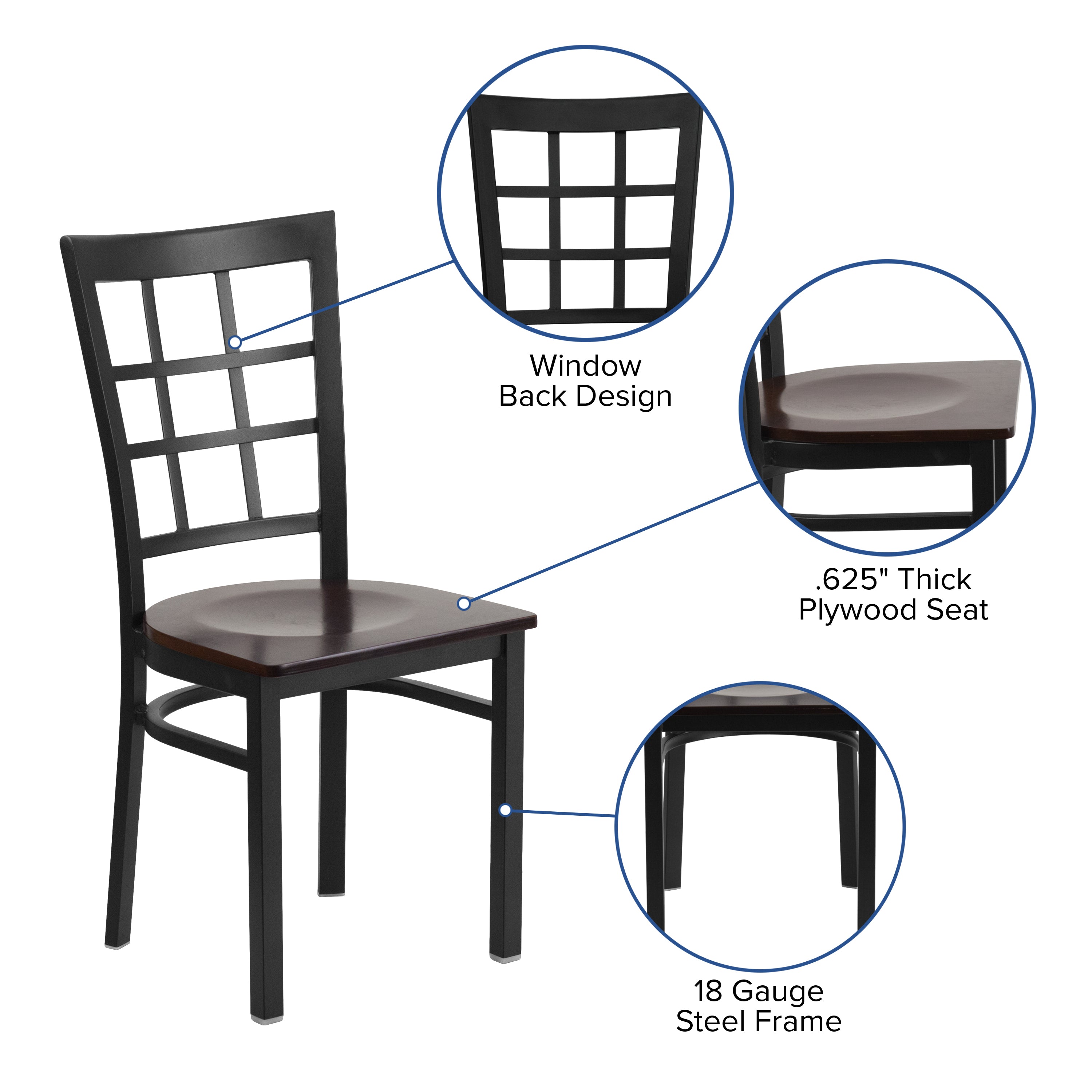 HERCULES Series Black Window Back Metal Restaurant Chair - Walnut Wood Seat