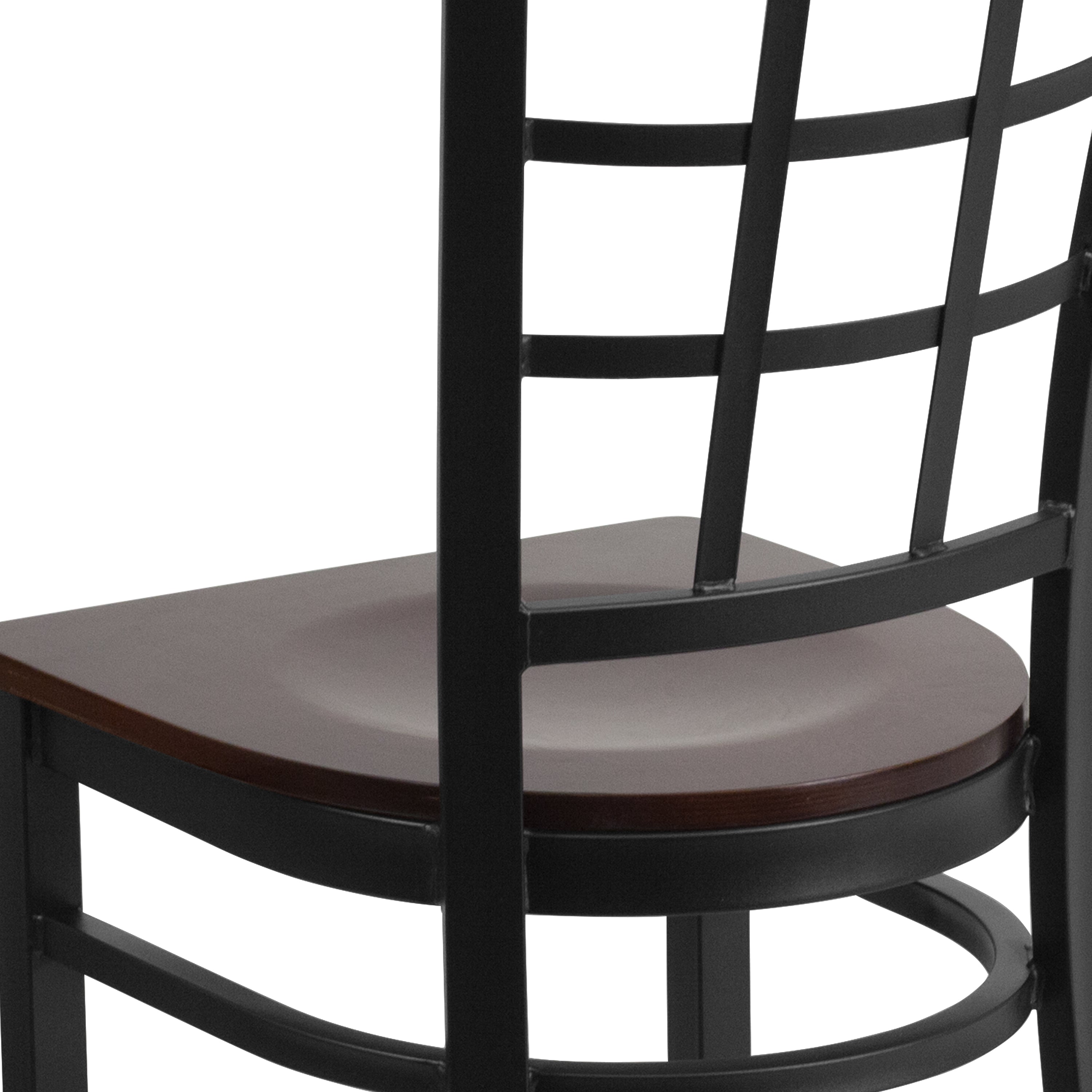 HERCULES Series Black Window Back Metal Restaurant Chair - Walnut Wood Seat