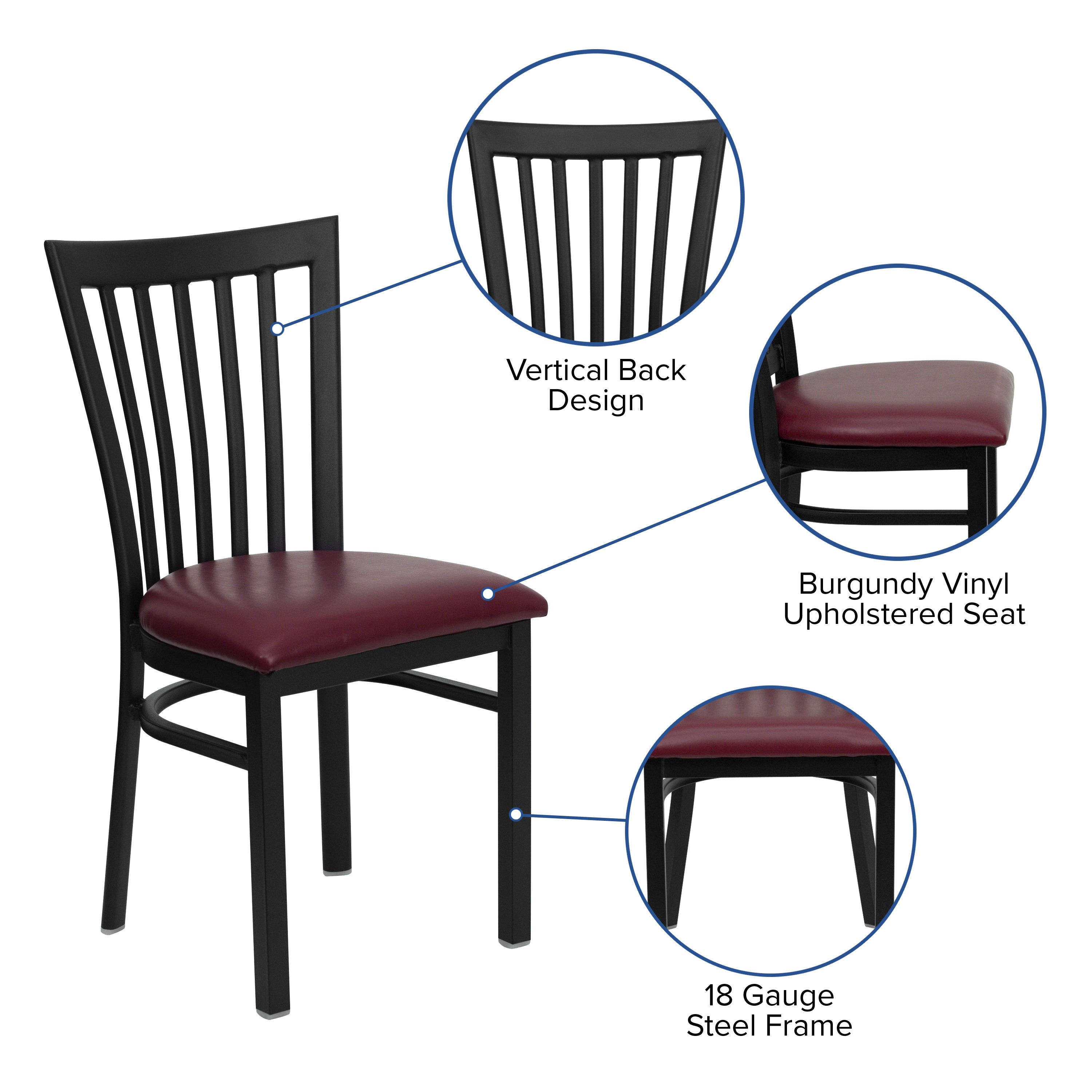 HERCULES Series Black School House Back Metal Restaurant Chair - Burgundy Vinyl Seat