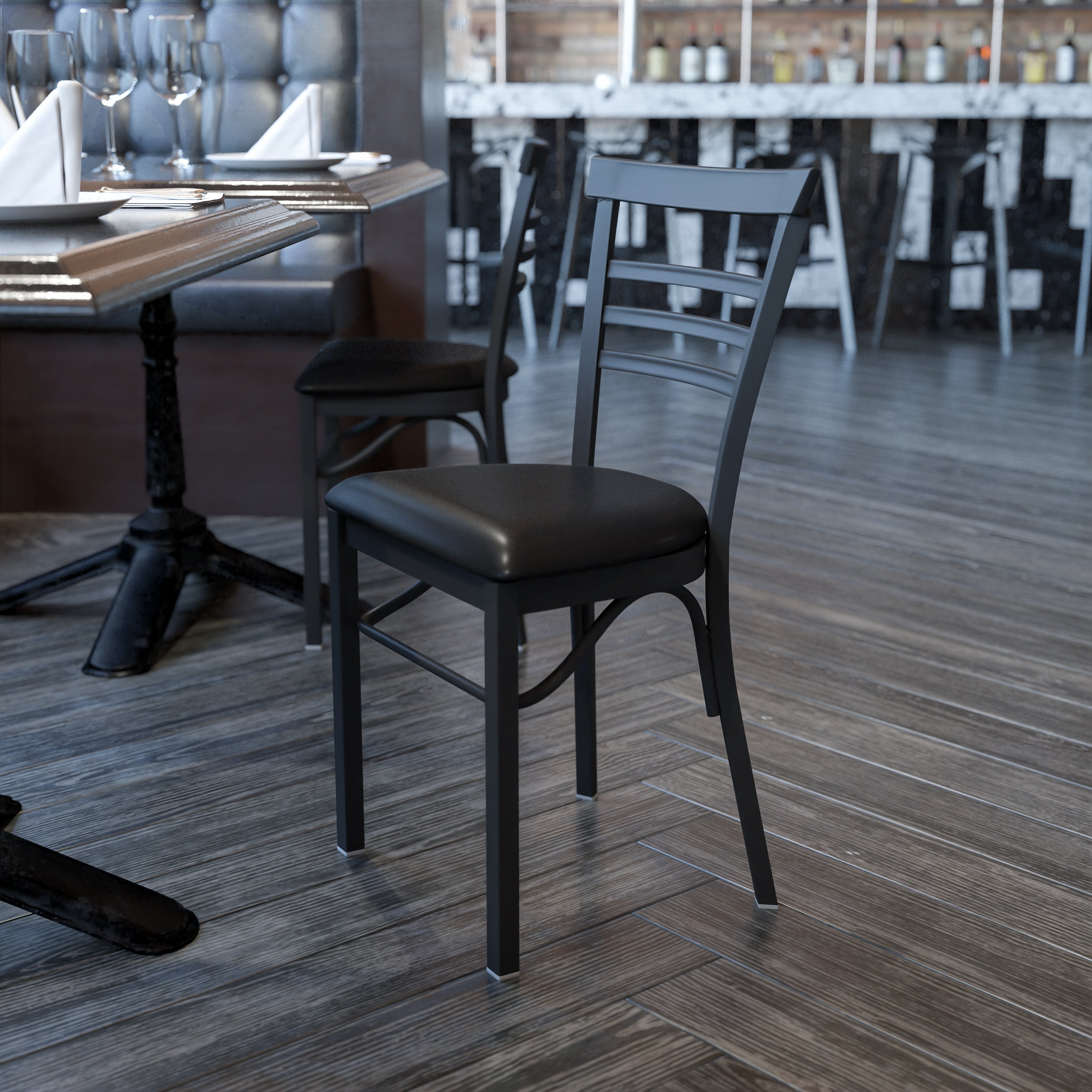 HERCULES Series Black Three-Slat Ladder Back Metal Restaurant Chair - Black Vinyl Seat