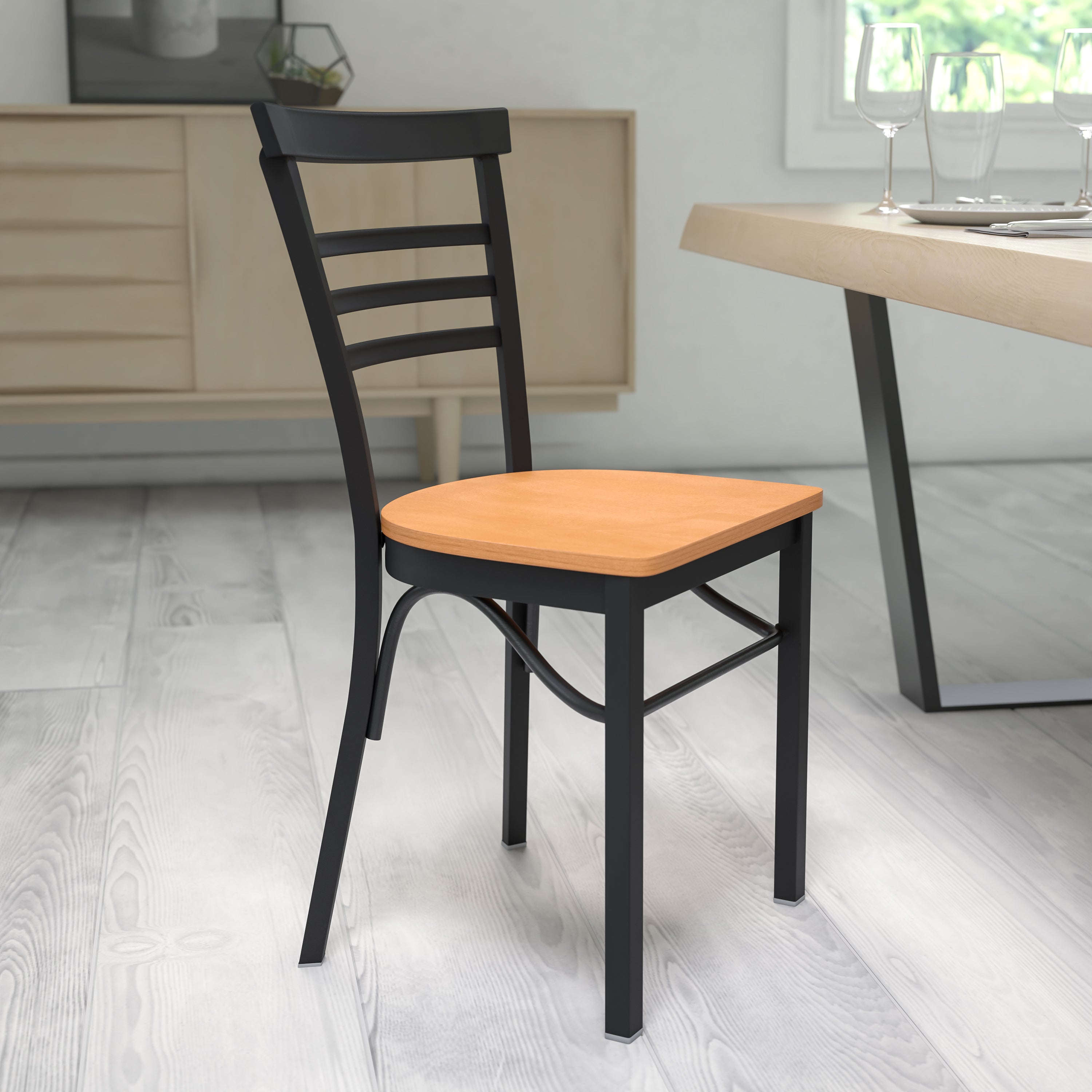 HERCULES Series Black Three-Slat Ladder Back Metal Restaurant Chair - Natural Wood Seat