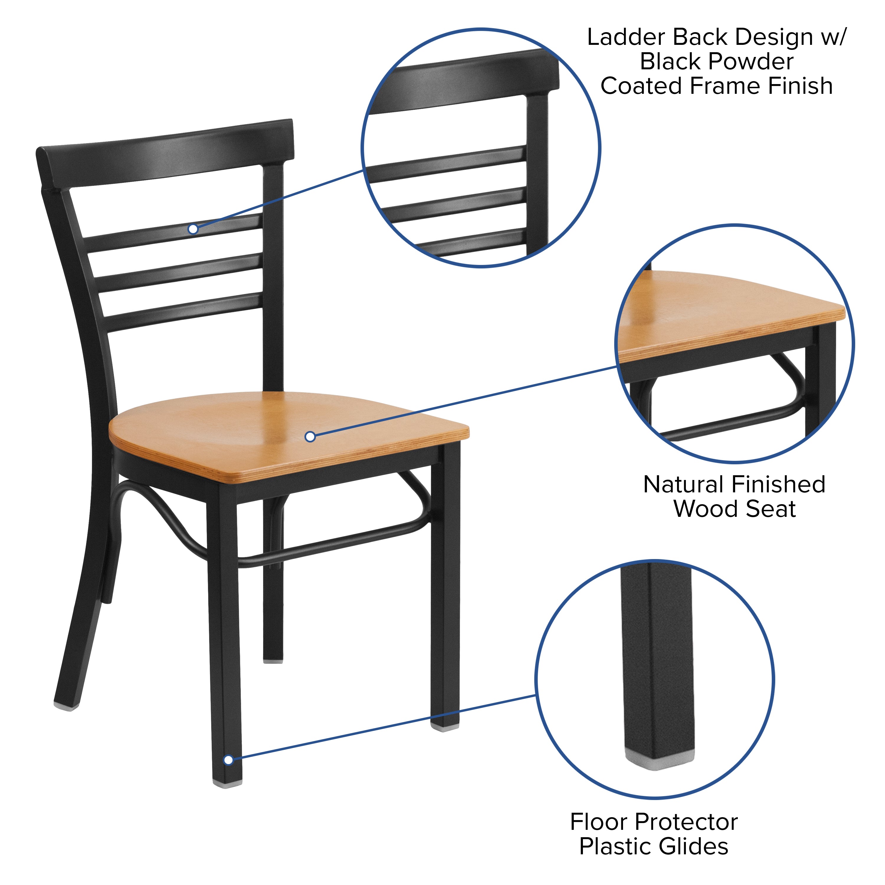 HERCULES Series Black Three-Slat Ladder Back Metal Restaurant Chair - Natural Wood Seat