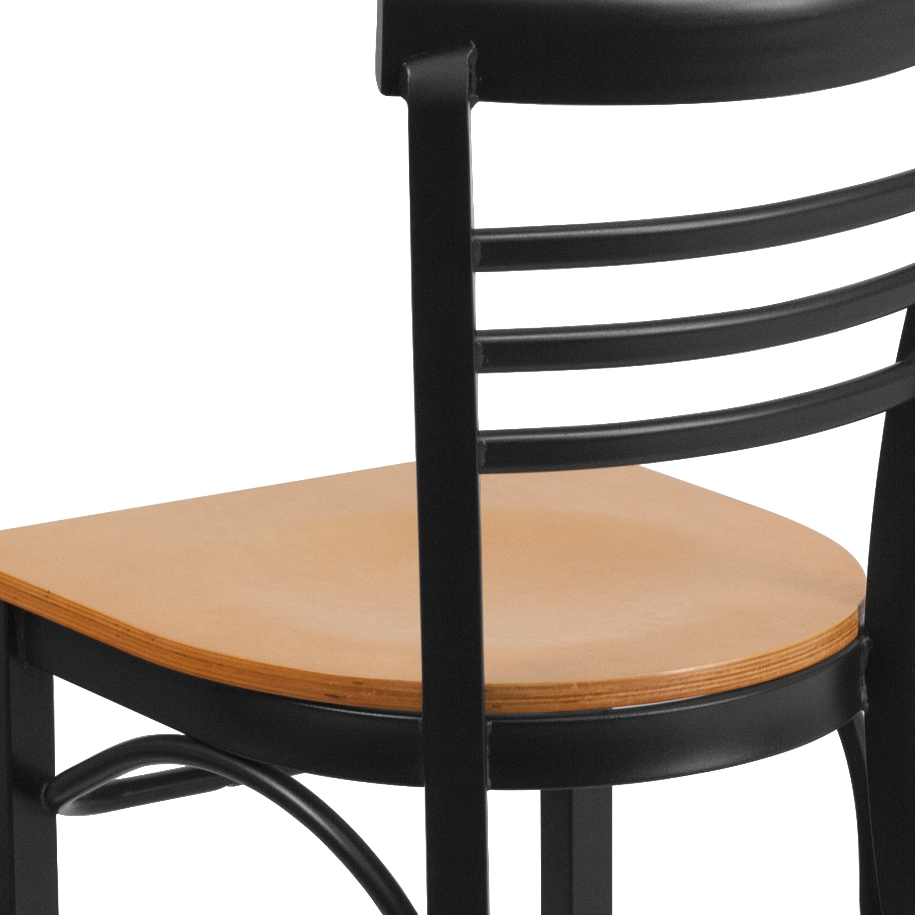 HERCULES Series Black Three-Slat Ladder Back Metal Restaurant Chair - Natural Wood Seat