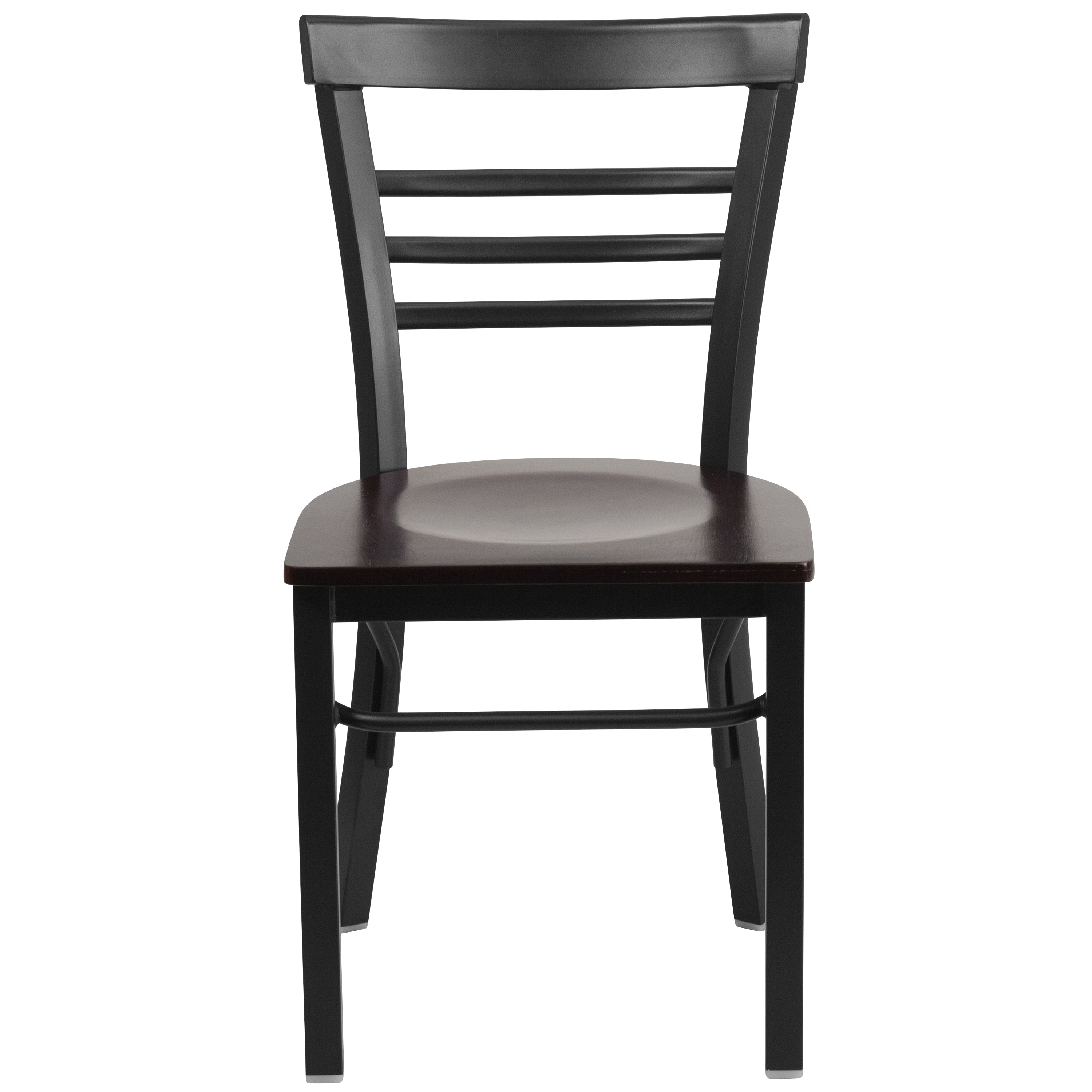 HERCULES Series Black Three-Slat Ladder Back Metal Restaurant Chair - Walnut Wood Seat