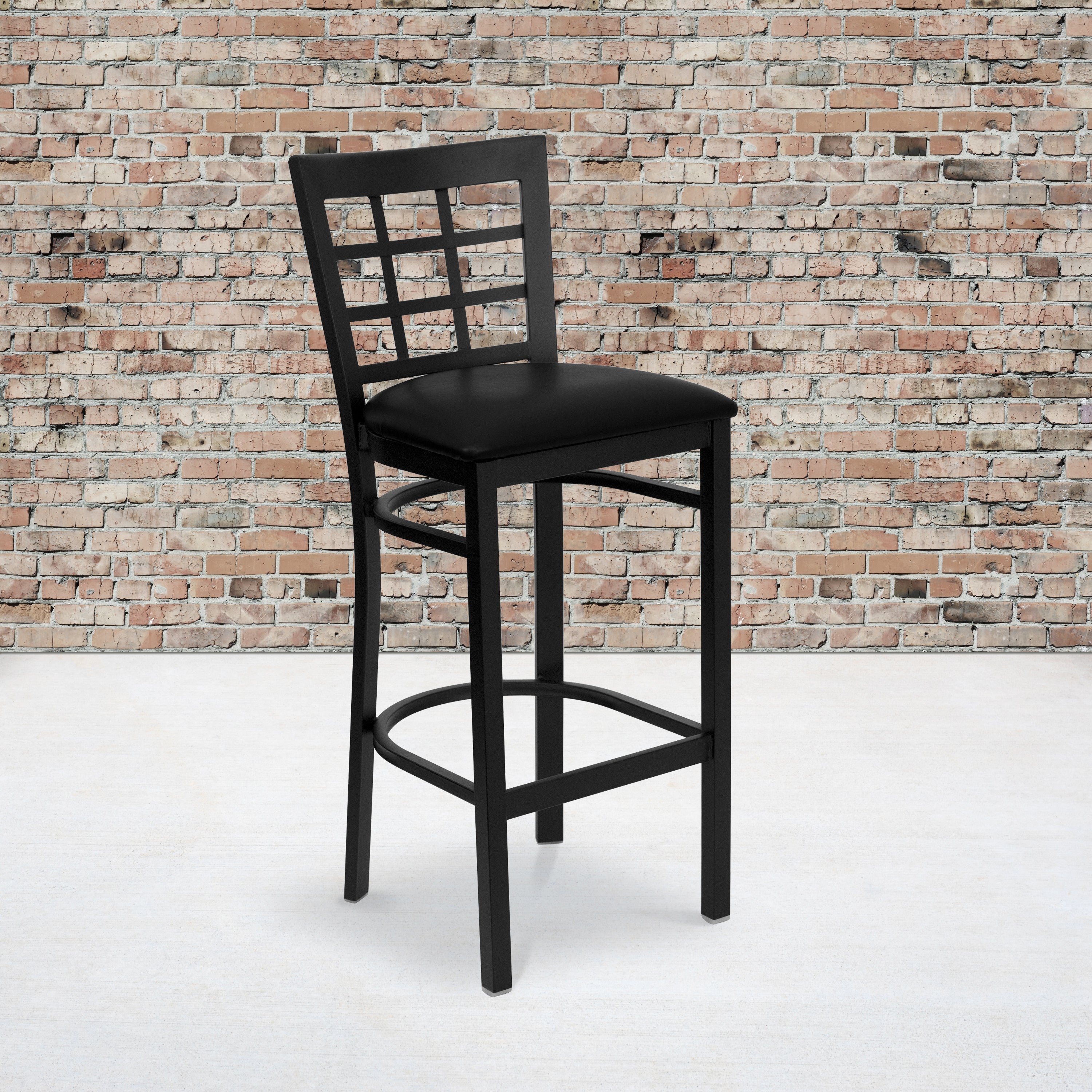 HERCULES Series Black Window Back Metal Restaurant Barstool - Black Vinyl Seat