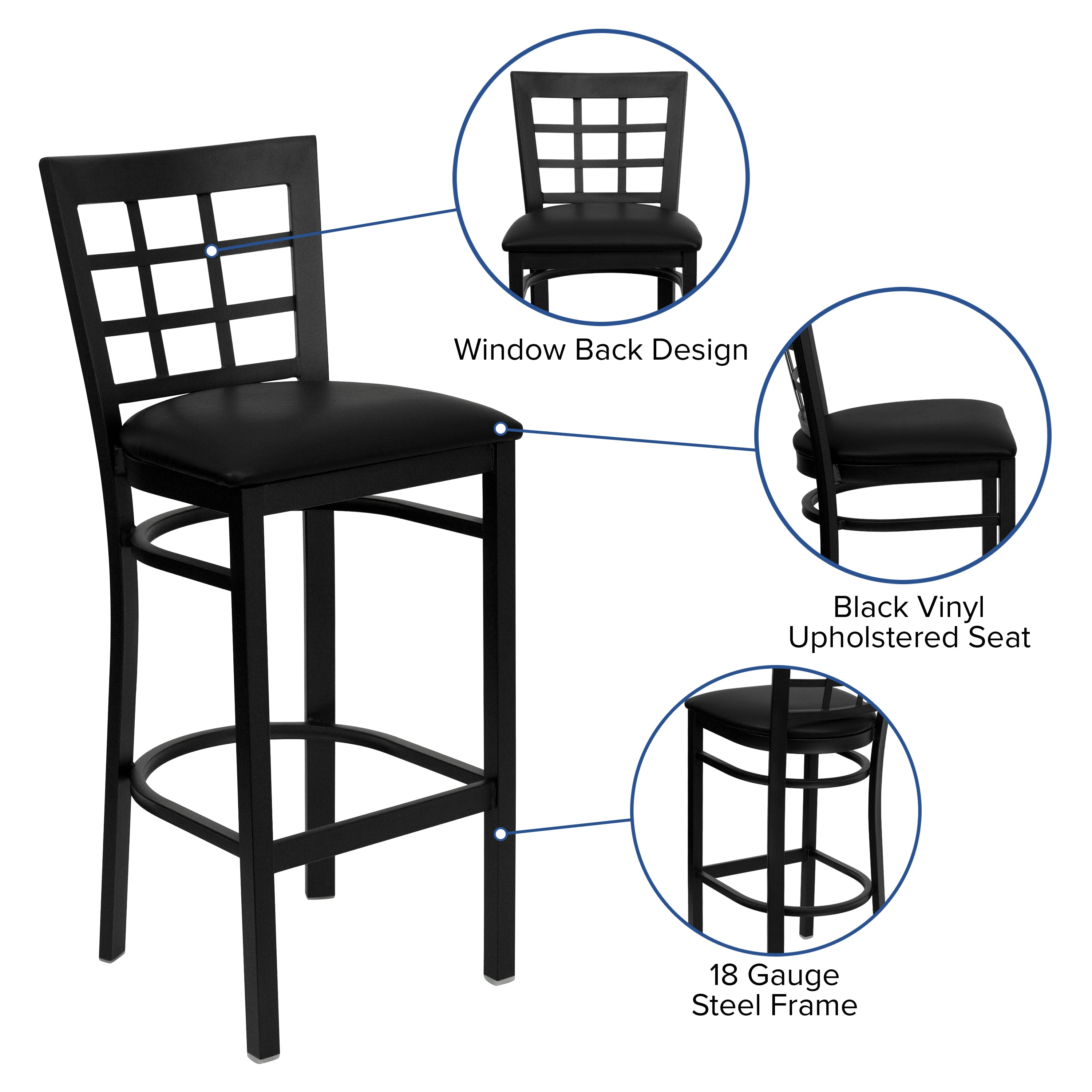 HERCULES Series Black Window Back Metal Restaurant Barstool - Black Vinyl Seat