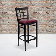 HERCULES Series Black Window Back Metal Restaurant Barstool - Burgundy Vinyl Seat