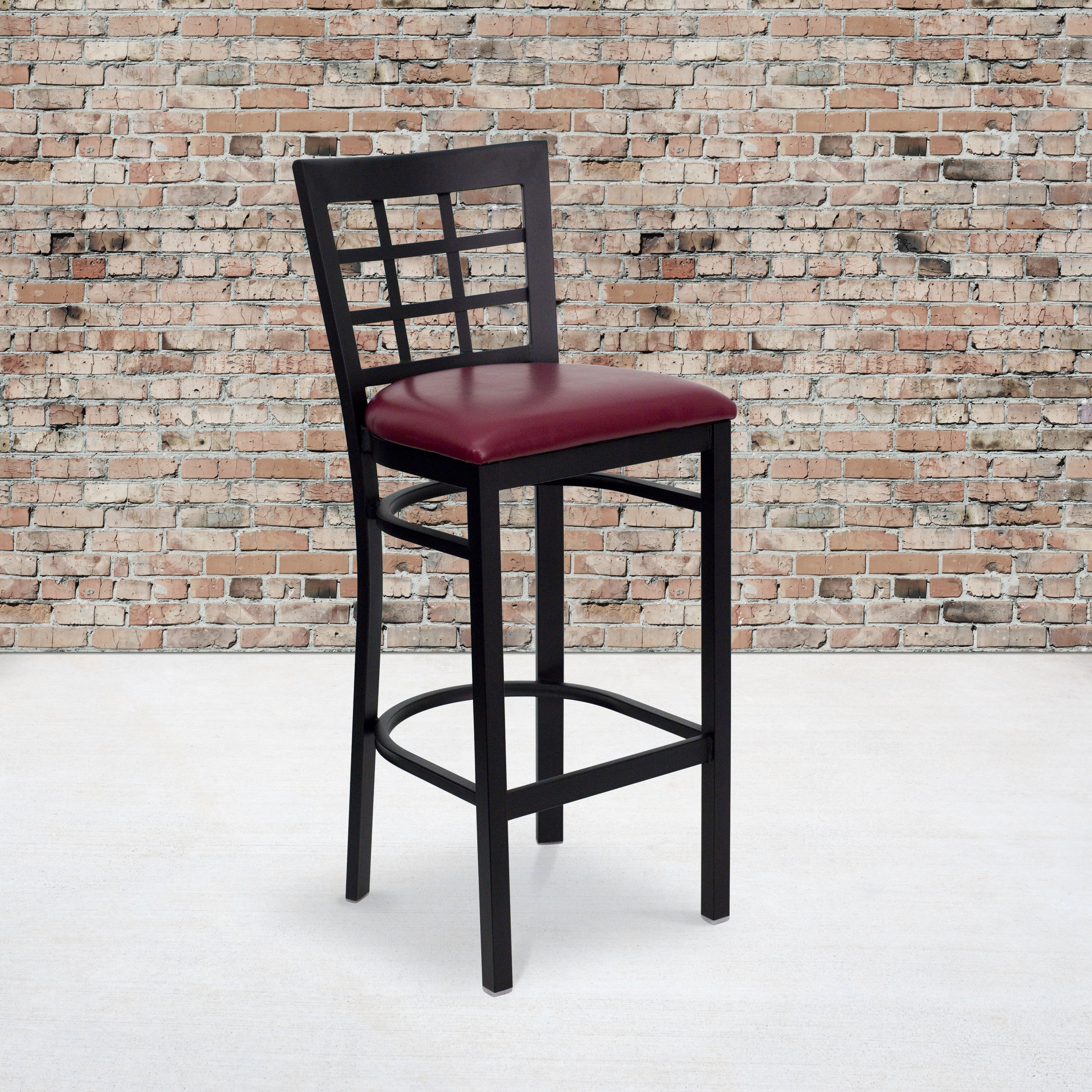 HERCULES Series Black Window Back Metal Restaurant Barstool - Burgundy Vinyl Seat