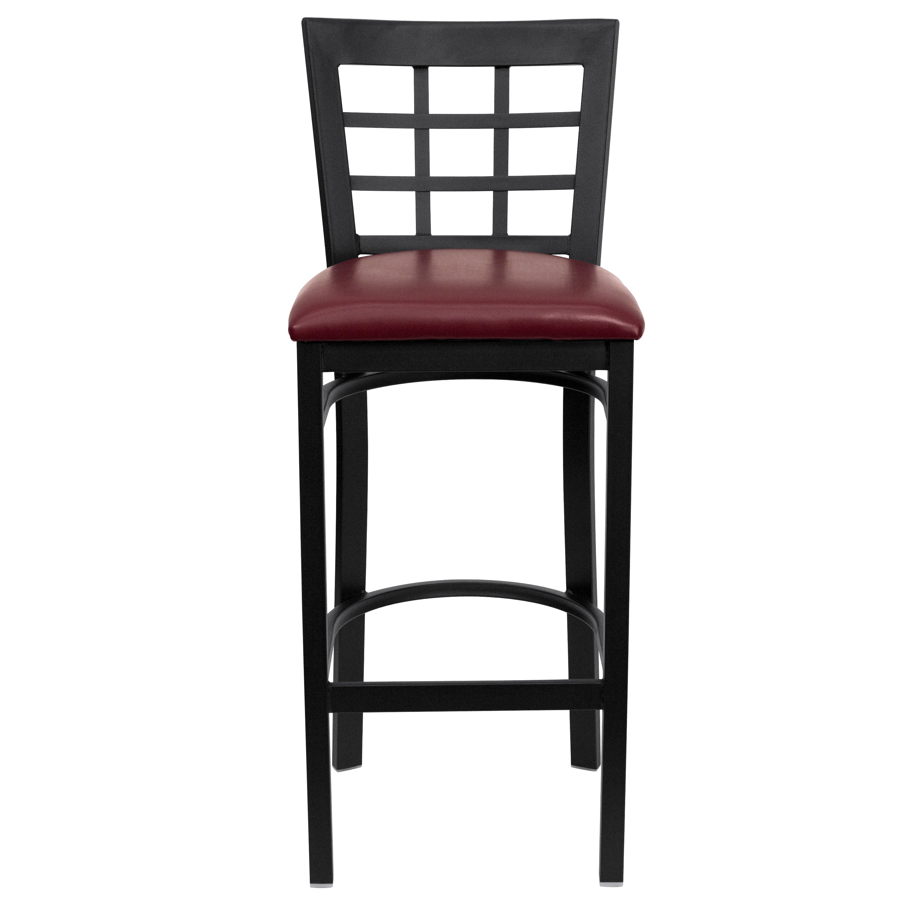 HERCULES Series Black Window Back Metal Restaurant Barstool - Burgundy Vinyl Seat