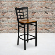 HERCULES Series Black Window Back Metal Restaurant Barstool - Cherry Wood Seat