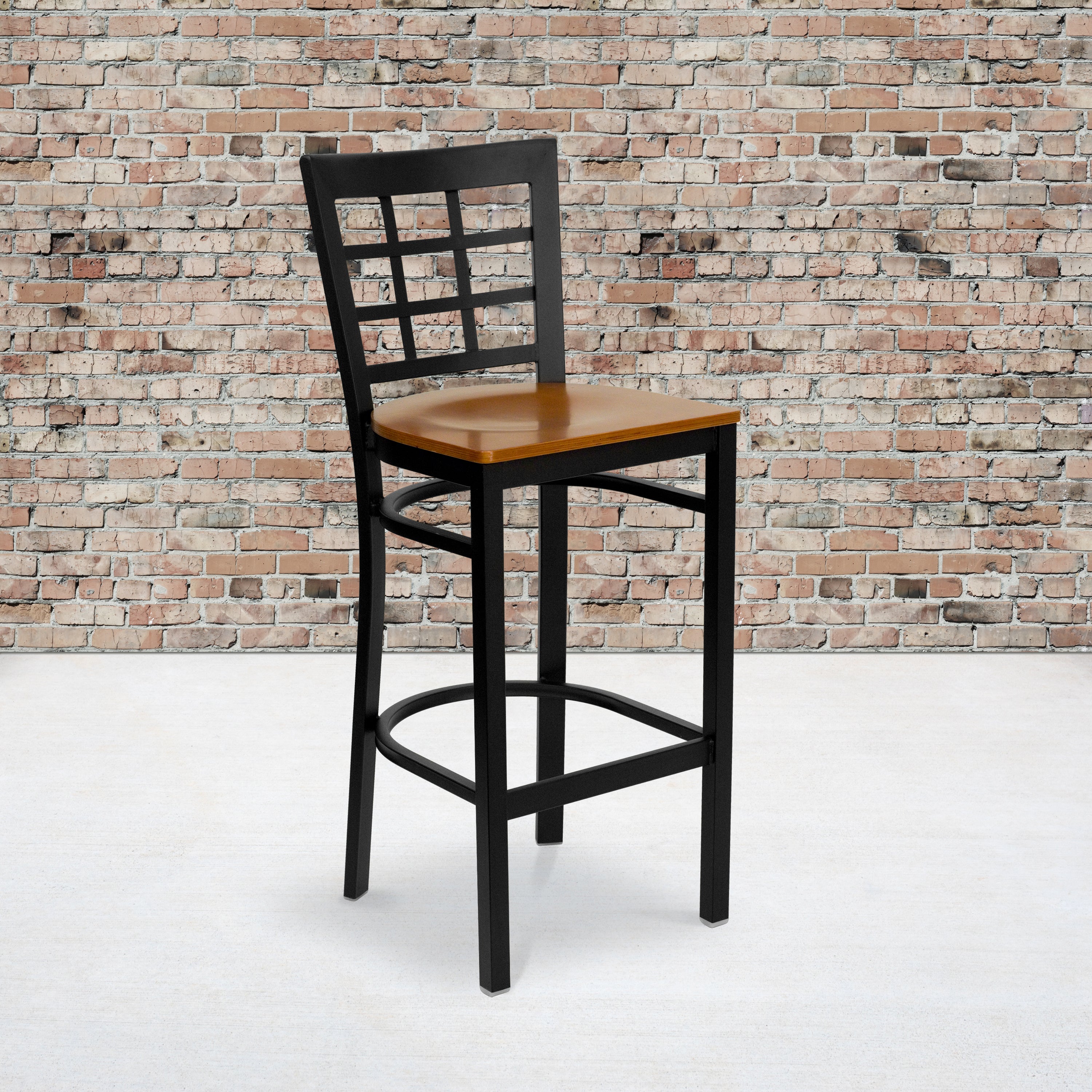 HERCULES Series Black Window Back Metal Restaurant Barstool - Cherry Wood Seat