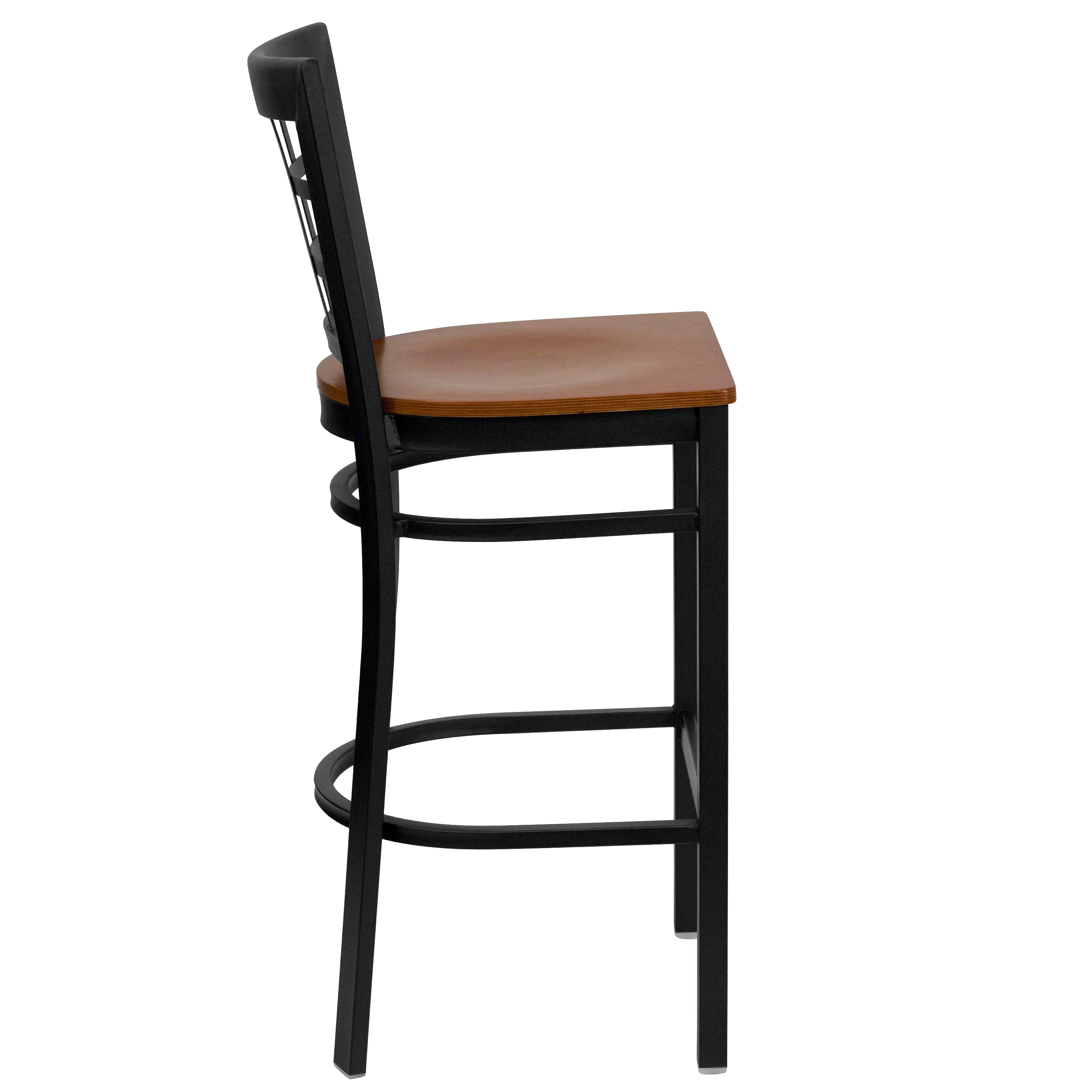 HERCULES Series Black Window Back Metal Restaurant Barstool - Cherry Wood Seat