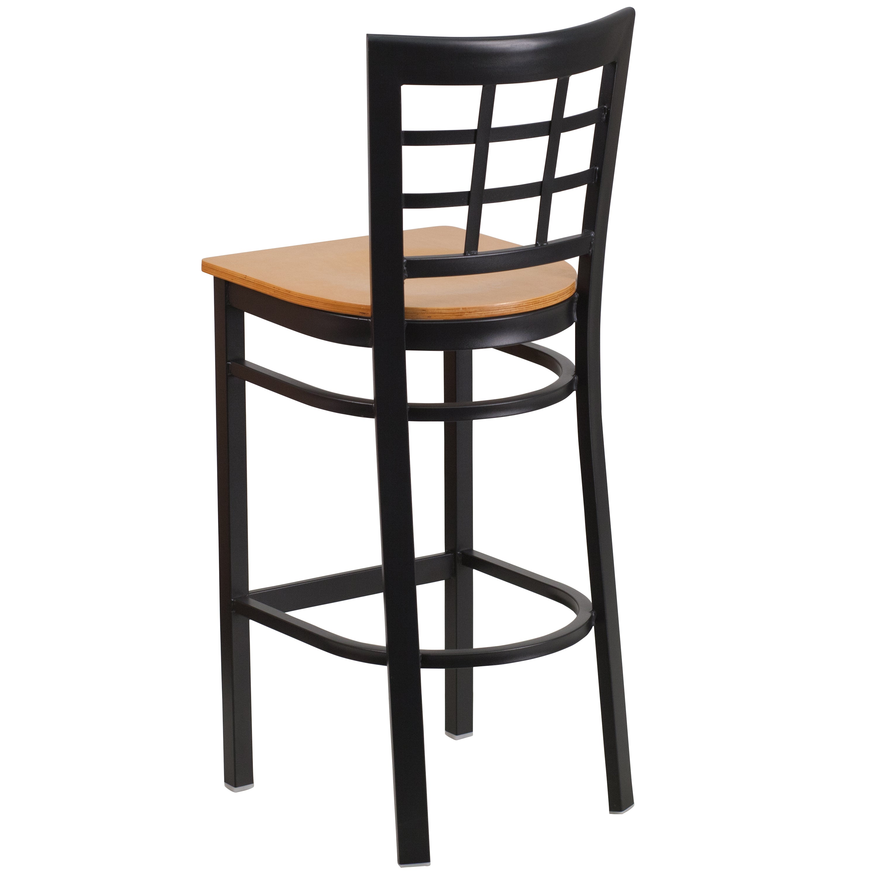 HERCULES Series Black Window Back Metal Restaurant Barstool - Natural Wood Seat