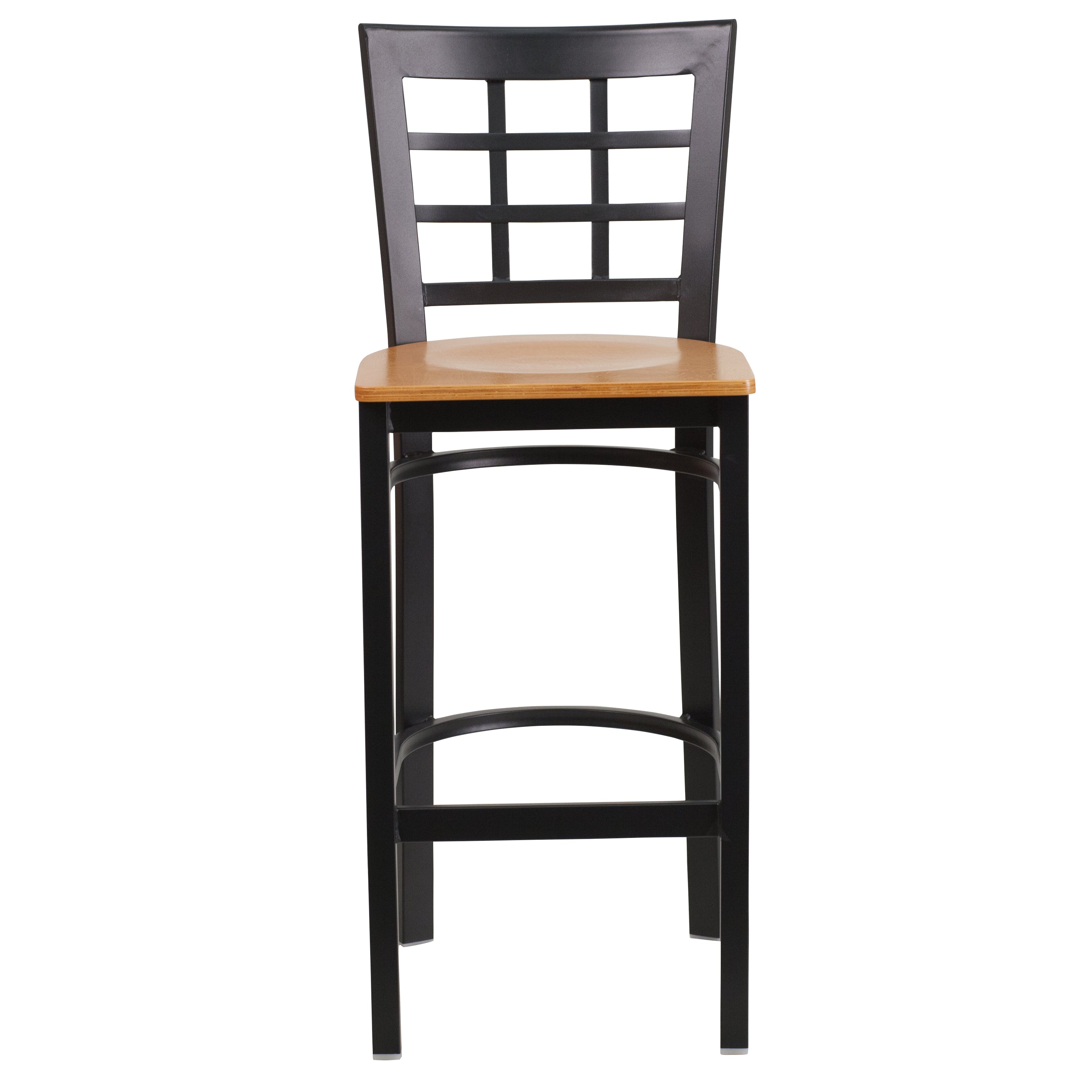 HERCULES Series Black Window Back Metal Restaurant Barstool - Natural Wood Seat