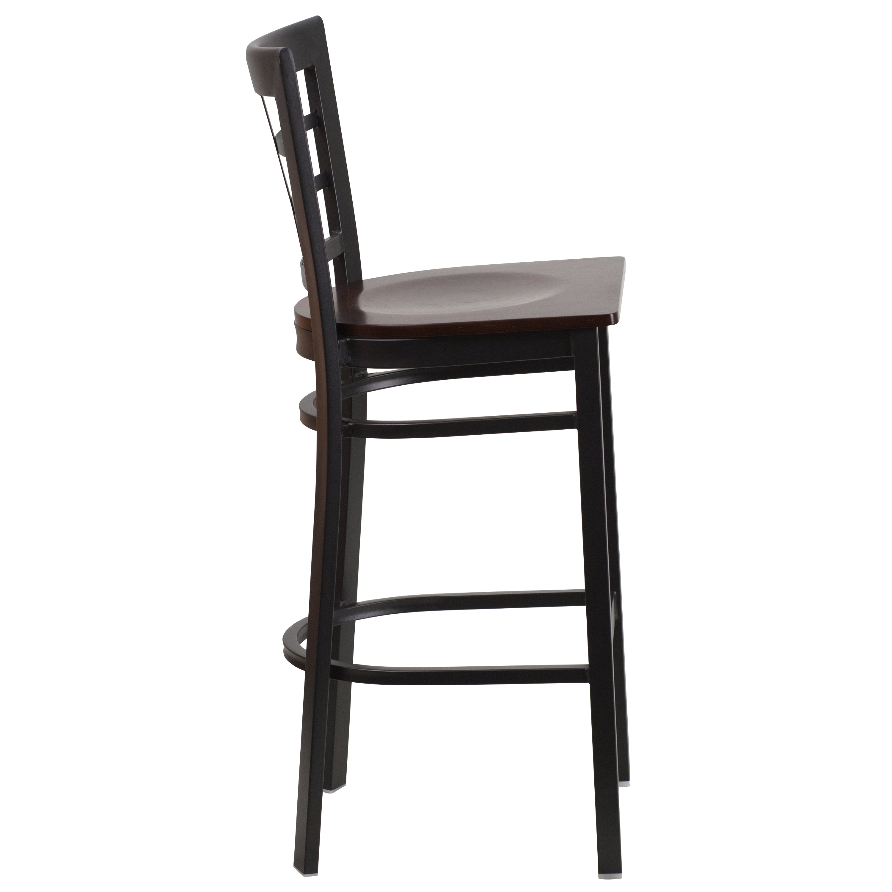 HERCULES Series Black Window Back Metal Restaurant Barstool - Walnut Wood Seat