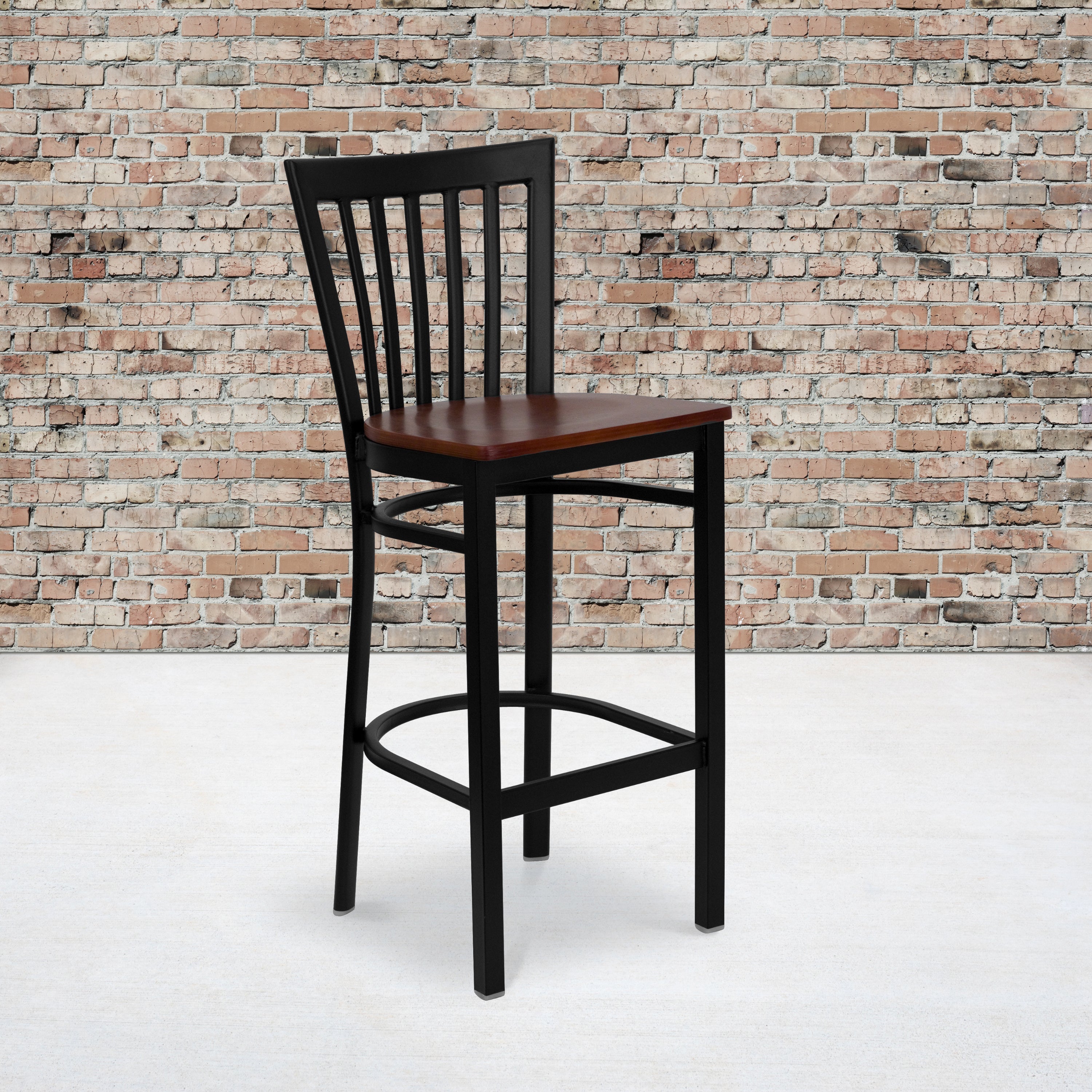 HERCULES Series Black School House Back Metal Restaurant Barstool - Cherry Wood Seat