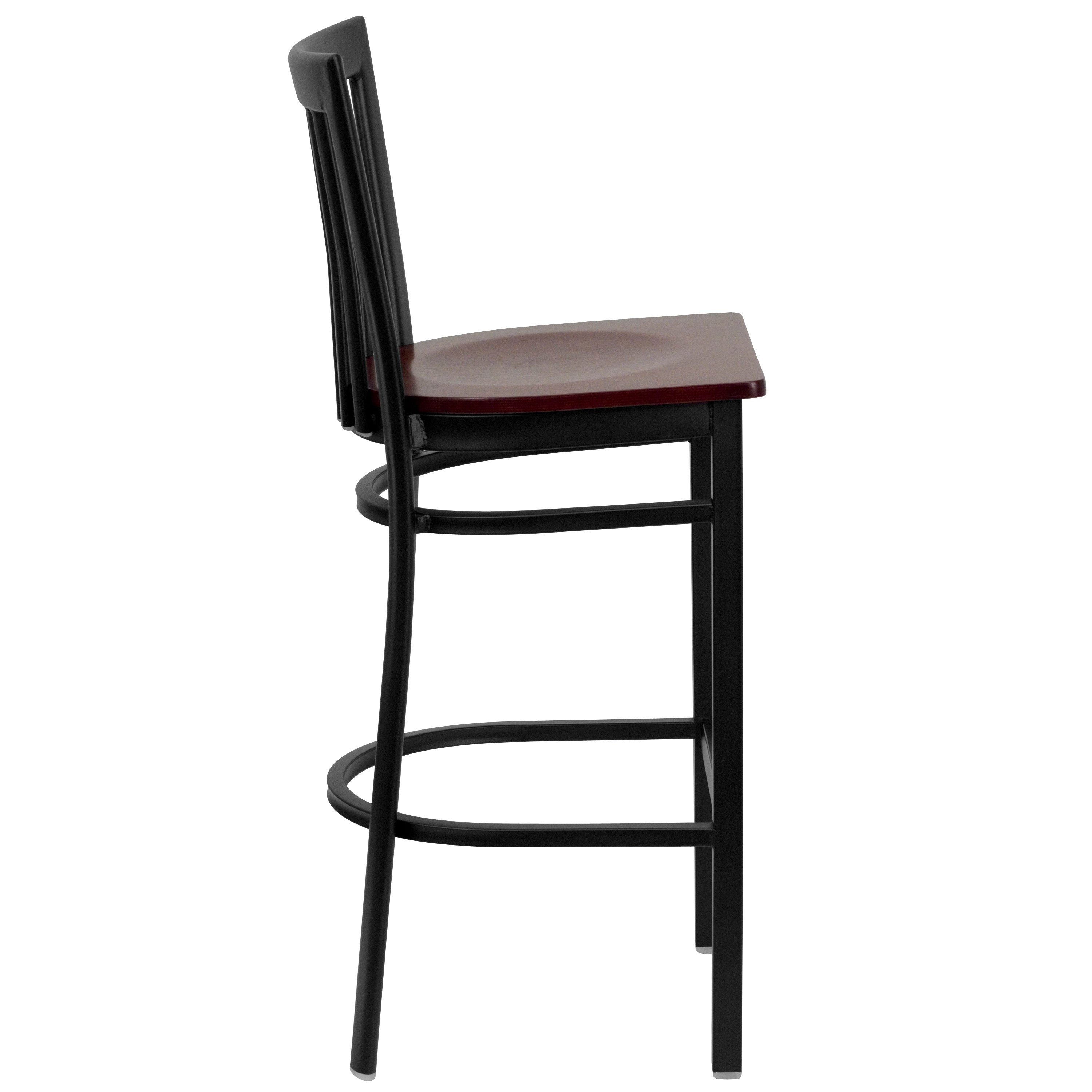 HERCULES Series Black School House Back Metal Restaurant Barstool - Mahogany Wood Seat