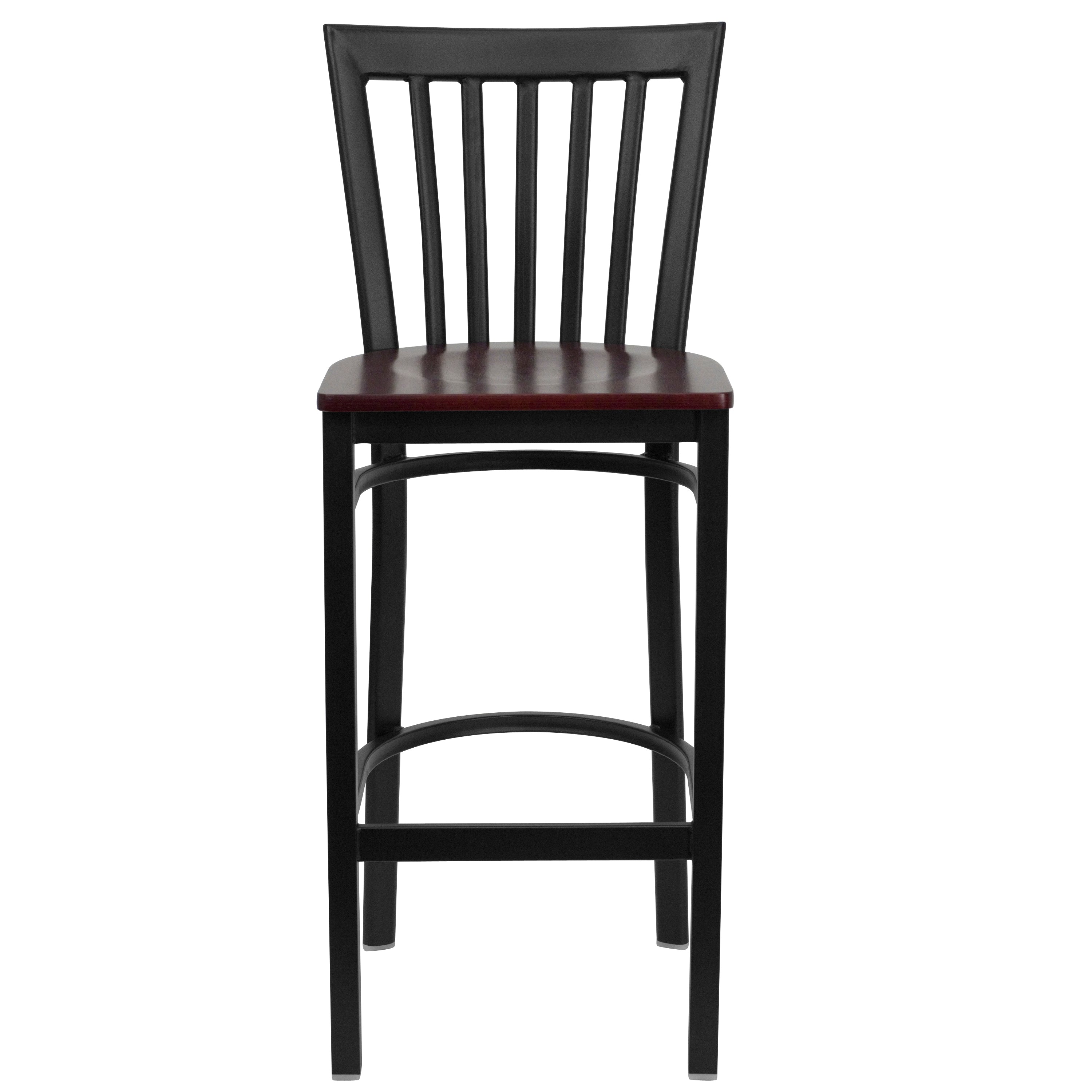 HERCULES Series Black School House Back Metal Restaurant Barstool - Mahogany Wood Seat