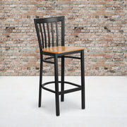 HERCULES Series Black School House Back Metal Restaurant Barstool - Natural Wood Seat