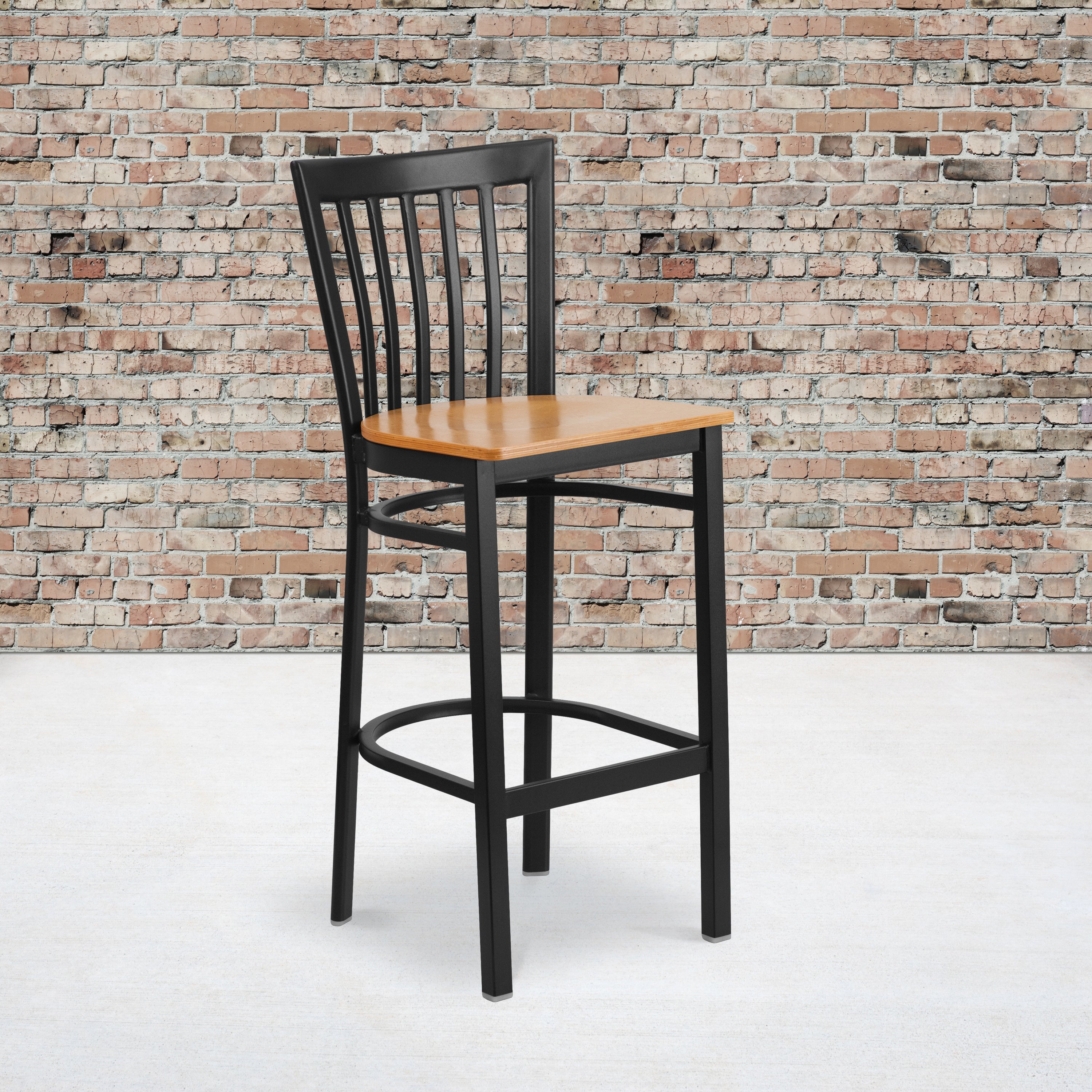 HERCULES Series Black School House Back Metal Restaurant Barstool - Natural Wood Seat